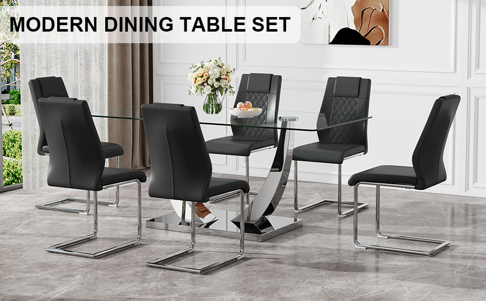 Table And Chair Set.Contemporary, Minimalist Rectangular Dining Table Featuring A Clear Tempered Glass Top And Sleek Silver Legs. Paried With Chairs Made Of Pu Material Cushion And Silver Metal Legs. Black Seats 6 Glass Metal