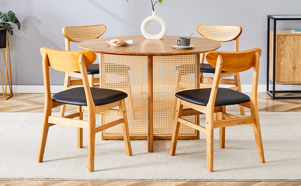 Table And Chair Set, Ancient Style Solid Wood Dining Table, Imitation Rattan Table Legs, Beautiful Simple Solid Wood Dining Chair, Perfect For Dinner, Meetings, Home And Office Decoration Wood Rubber Wood