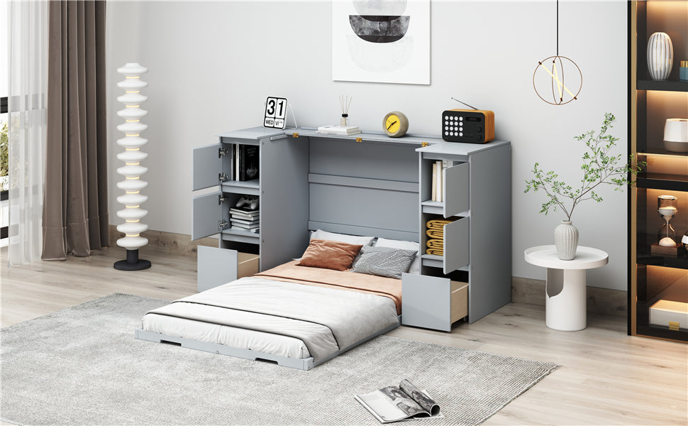 Twin Size Murphy Bed With Drawers, Cabinets And Usb Ports,Gray Twin Gray Mdf Lvl