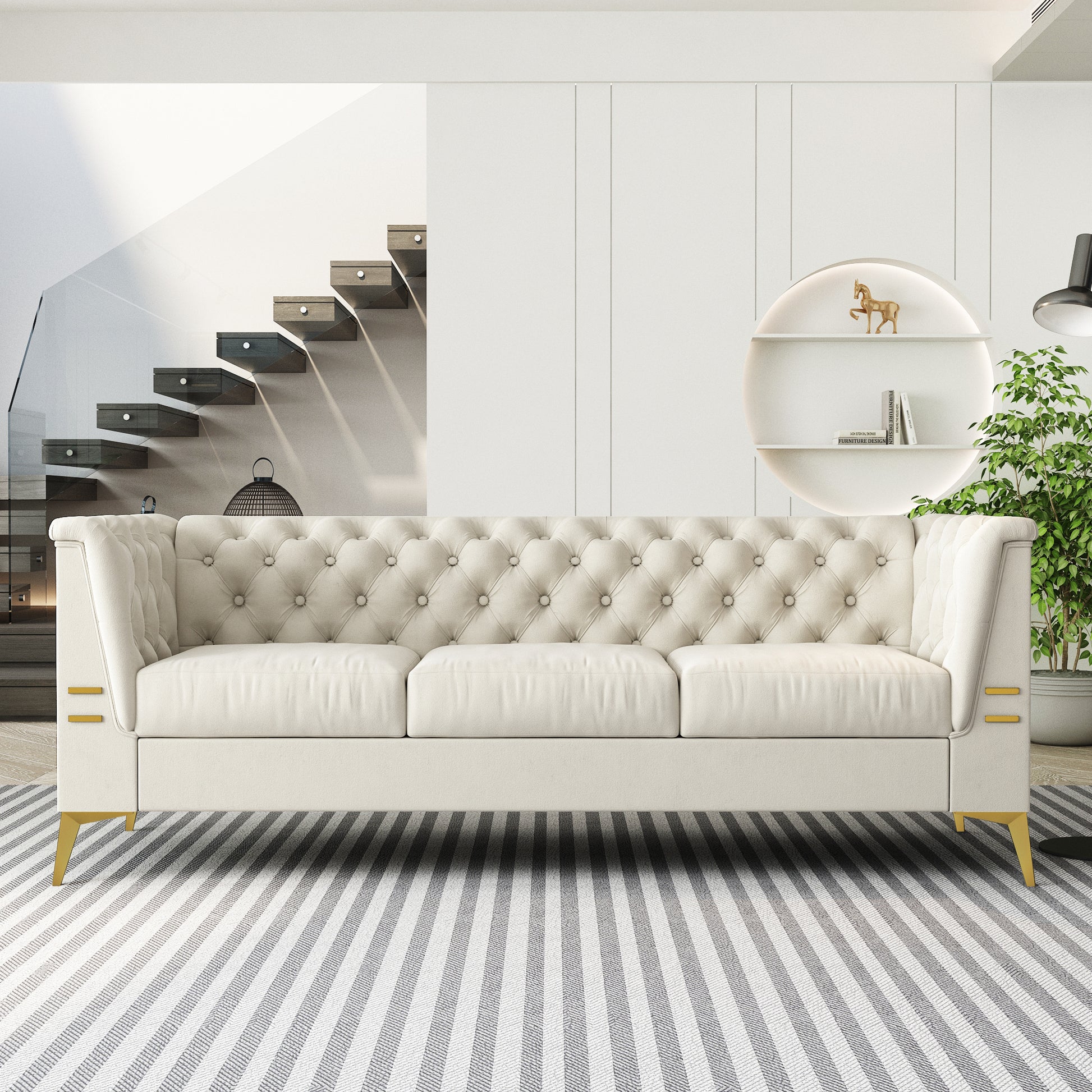 Fx P83 Cw Sofa Modern Velvet Living Room Chesterfield Design 82.7Inch Wide Sofa Cream White Color Beige Velvet 3 Seat