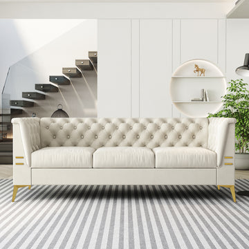 Fx P83 Cw Sofa Modern Velvet Living Room Chesterfield Design 82.7Inch Wide Sofa Cream White Color Beige Velvet 3 Seat
