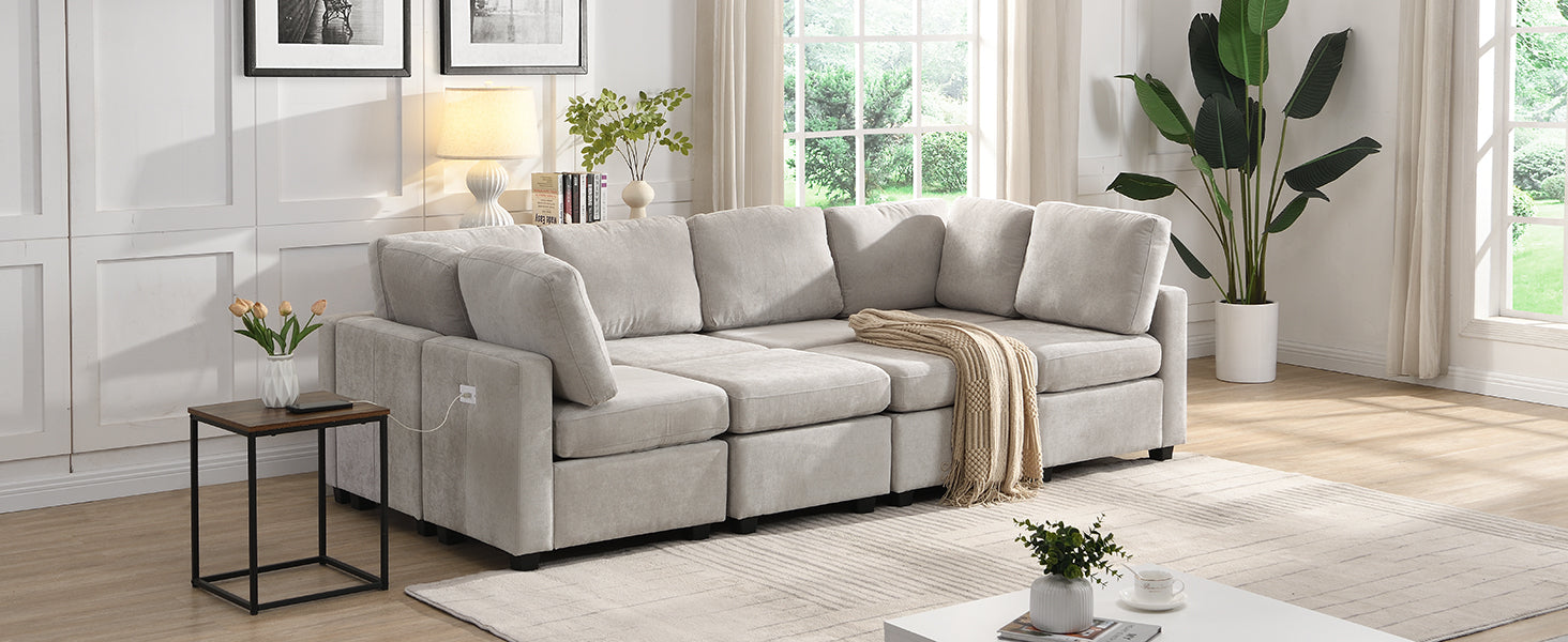 103" Sectional Sofa Couch Sofa Bed U Shaped Sofa With Two Movable Ottoman And Three Usb Ports For Living Room, Grey Grey Foam Chenille 6 Seat