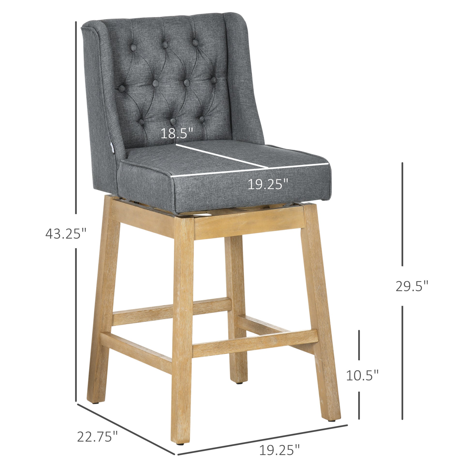 Homcom Bar Height Bar Stools Set Of 2, 180 Degree Swivel Barstools, 30" Seat Height Bar Chairs With Solid Wood Footrests And Button Tufted Design, Gray Grey Polyester