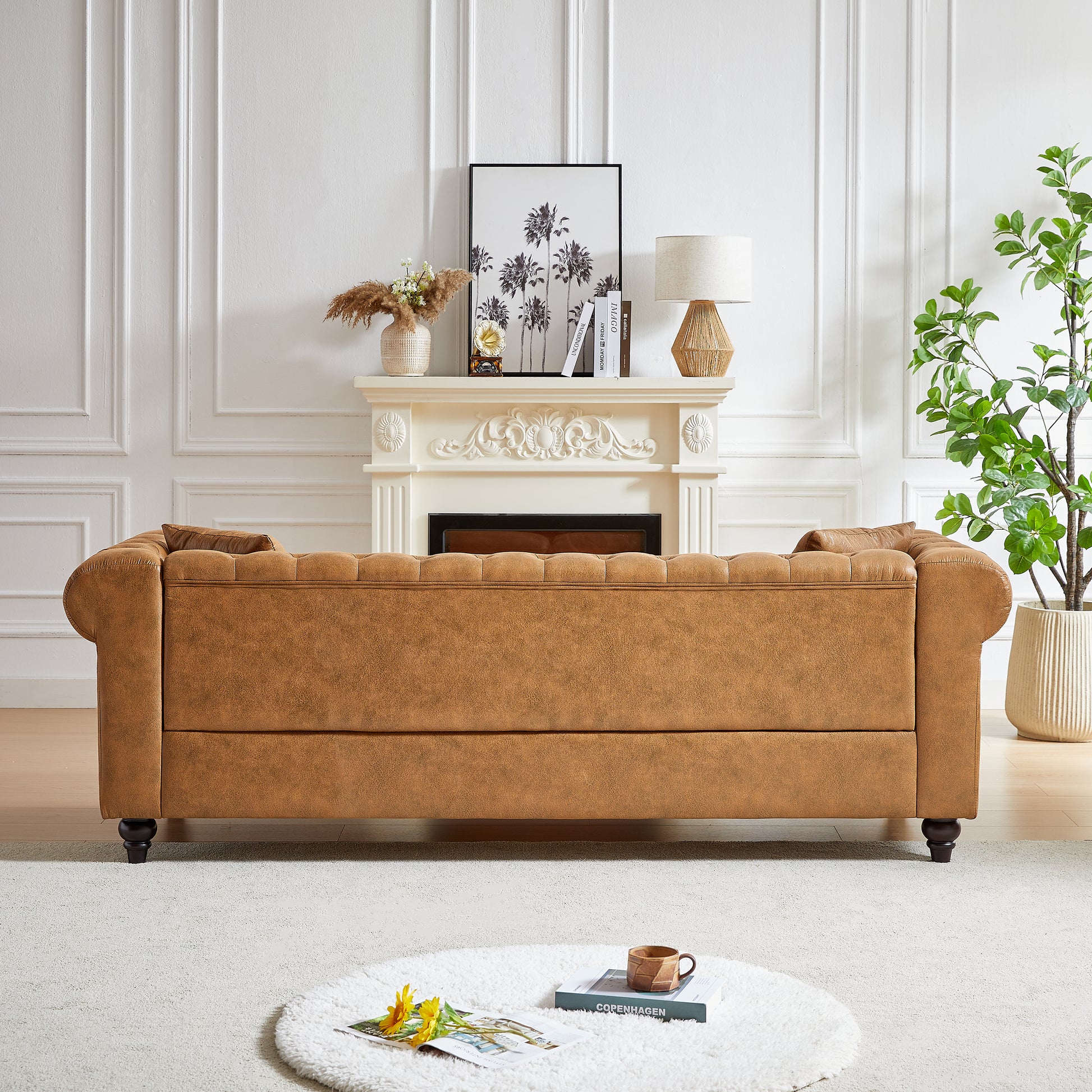 Fx 85.5"Living Room With Tech Fabric Chesterfield Sofa With Rolled Arms 3 Seater Sofa With Button Design And 2 Cushions For Apartment, Office, Living Room Brown Polyester Wood Primary Living Space Pine Foam Fabric 3 Seat