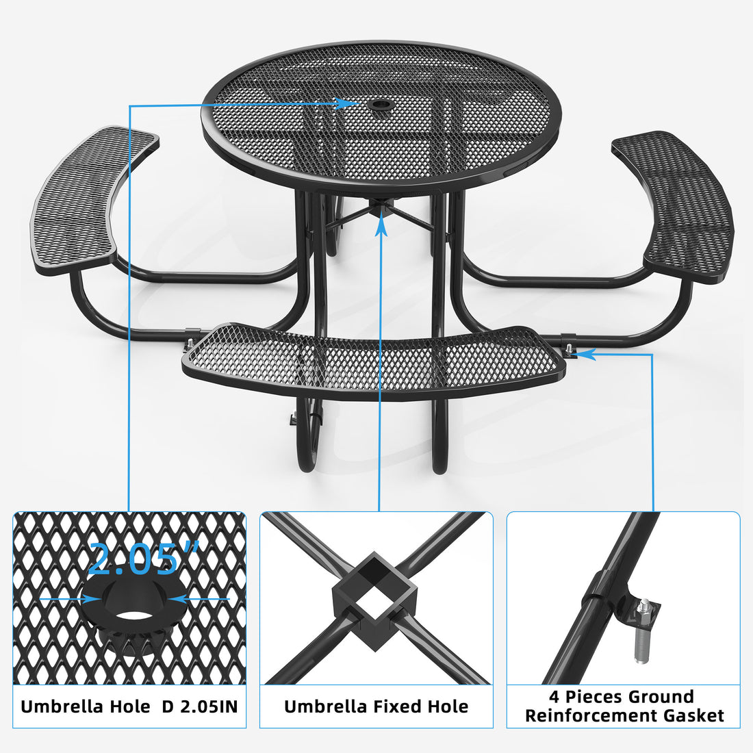 Round Outdoor Steel Picnic Table 46" With Umbrella Pole,Black Black Steel Steel