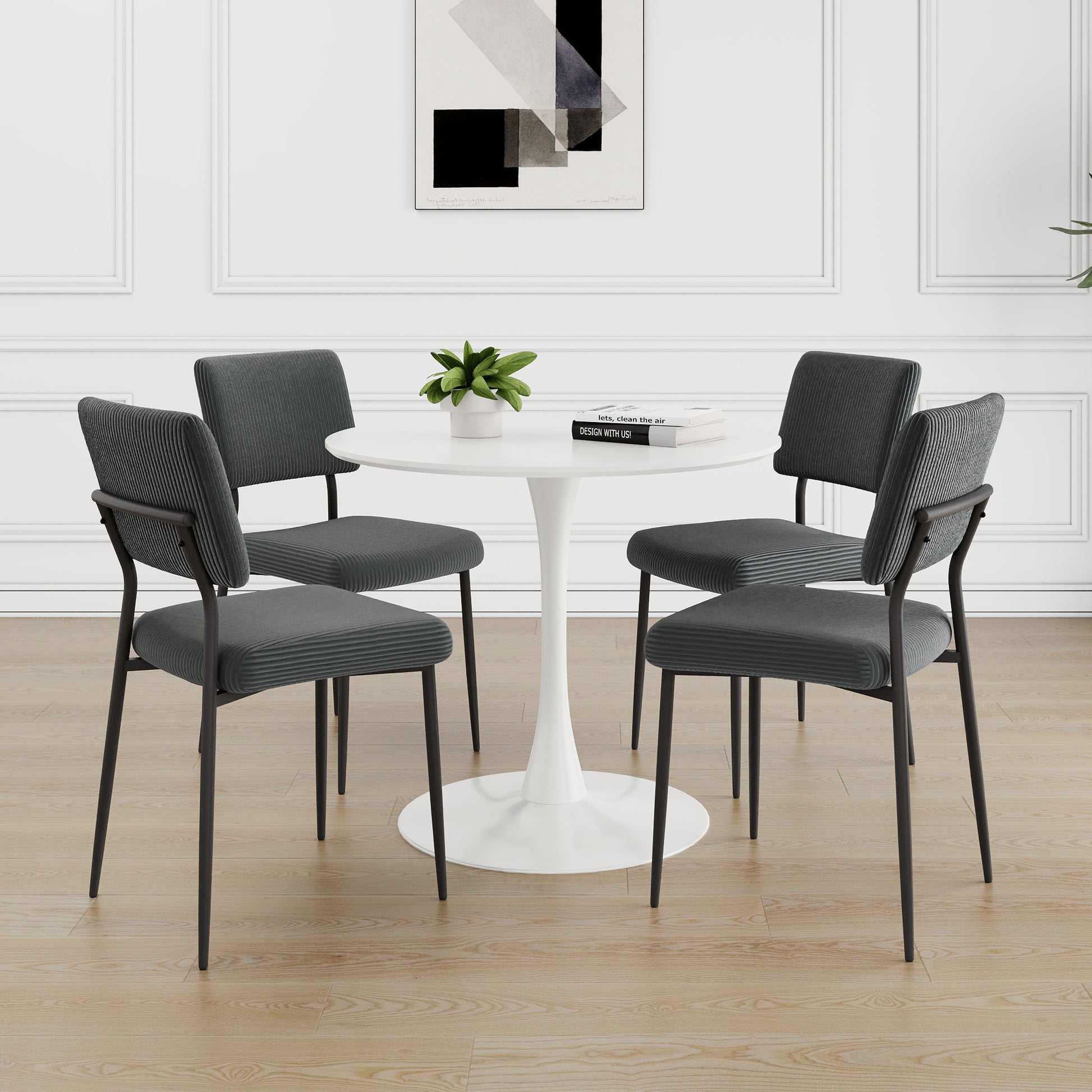 Modern Grey Simple Velvet Dining Chair Fabric Upholstered Chair Family Bedroom Stool Back Dressing, White Round Table Set, Chair Black Metal Legs Set Of 5 White Mdf