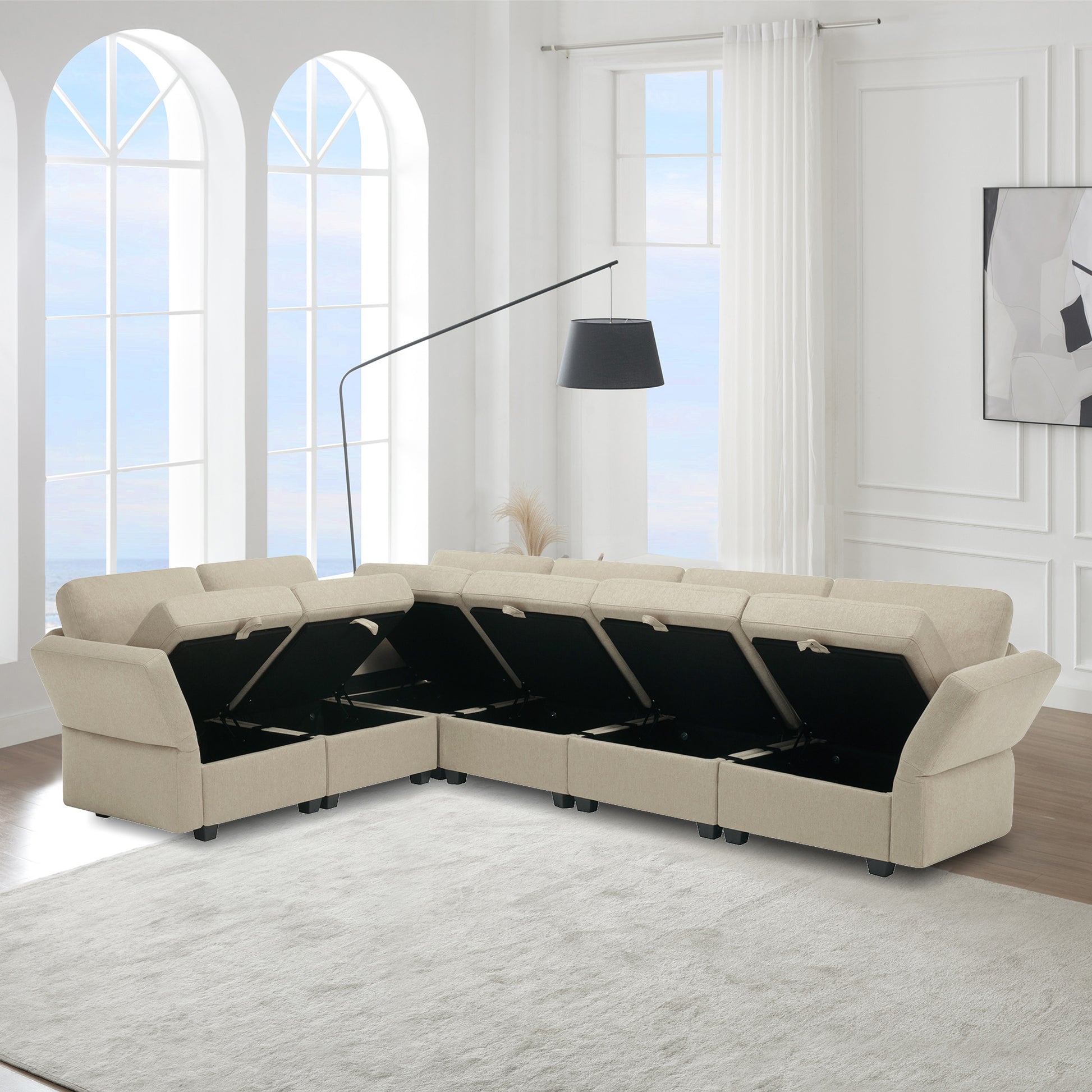 L Shaped Modular Sectional Corner Sofa Couch, 6 Seat Modular Sectional Sofa With Chaise For Living Room, Adjustable Arms And Backs Beige Beige Polyester 6 Seat