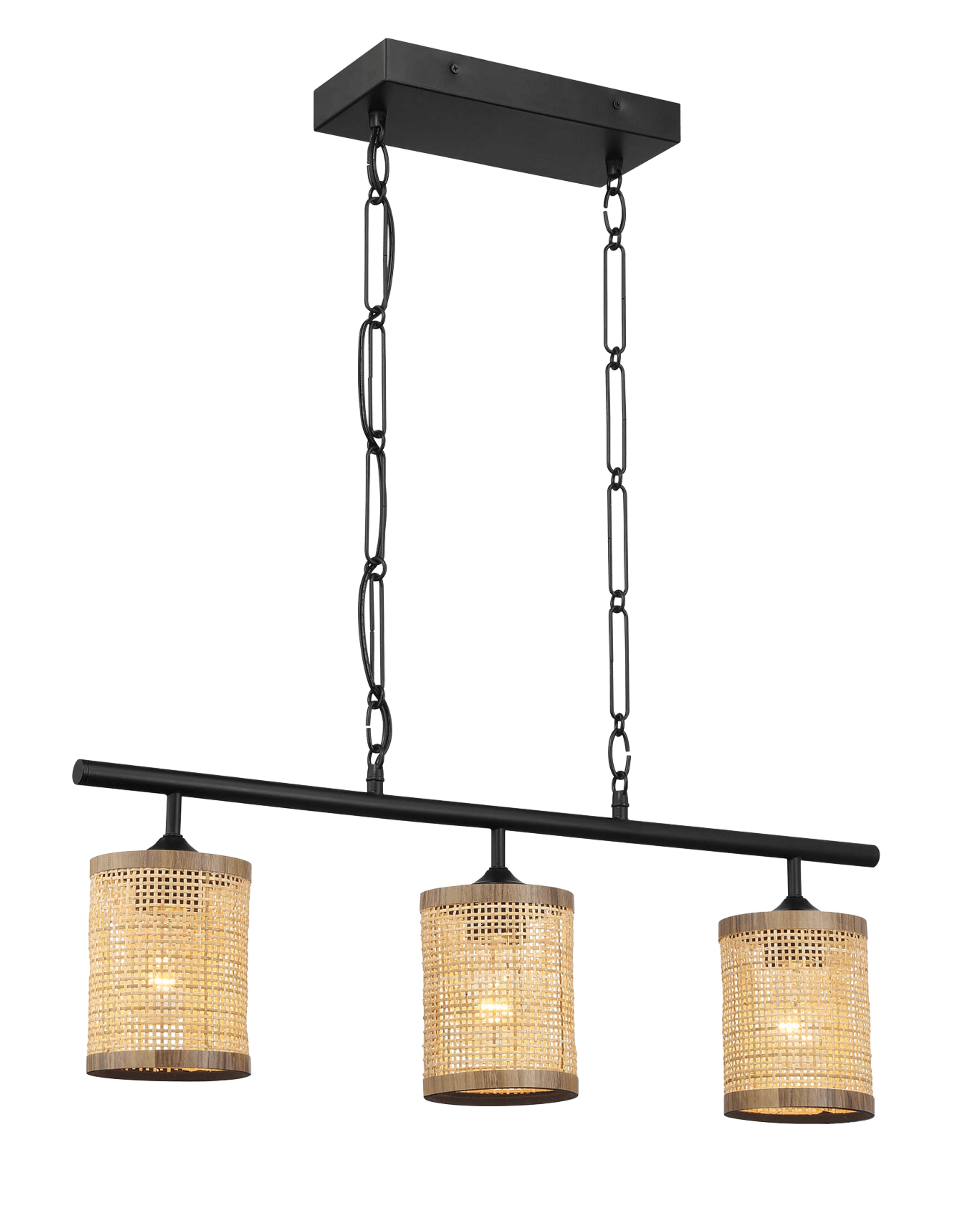 Elysian Three Lights Island With Natural Rattan Shade Farmhouse Chain Ceiling Lamp Black,Rattan Ceiling Lights Farmhouse Metal,Rattan