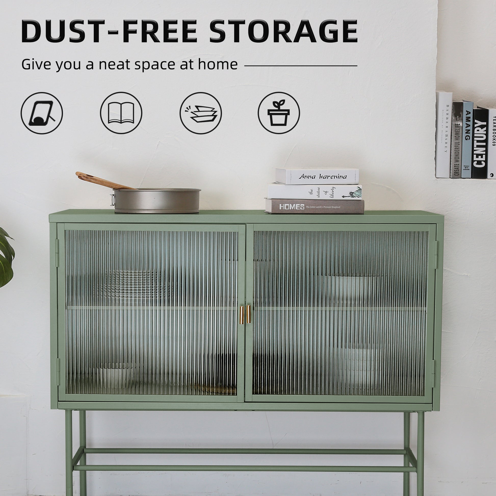 Mint Green Sideboard Storage Cabinet With Two Fluted Glass Doors Detachable Shelves Bottom Space For Living Room, Office, Dinging Room And Entryway Old Sku:W68743733 Green Steel