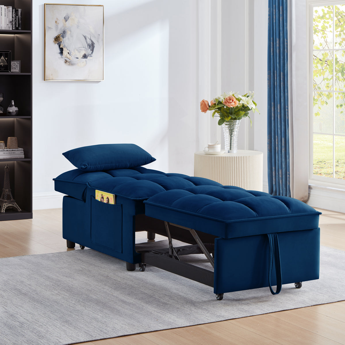 4 In1 Multi Function Single Sofa Bed With Storage Pockets,Tufted Single Pull Out Sofa Bed With Adjustable Backrest And Pillows ,Convertible Chaise