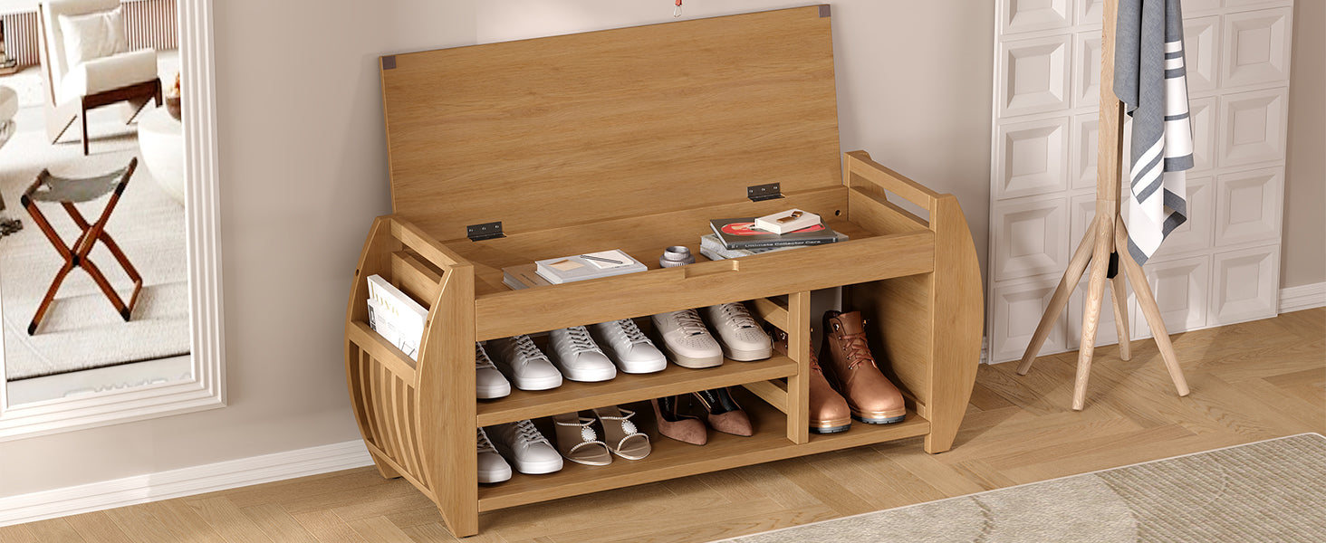 Retro Multifunctional Storage Bench With Cushion And Curved Side Panel For Entrance And Living Room Natural Natural Mdf