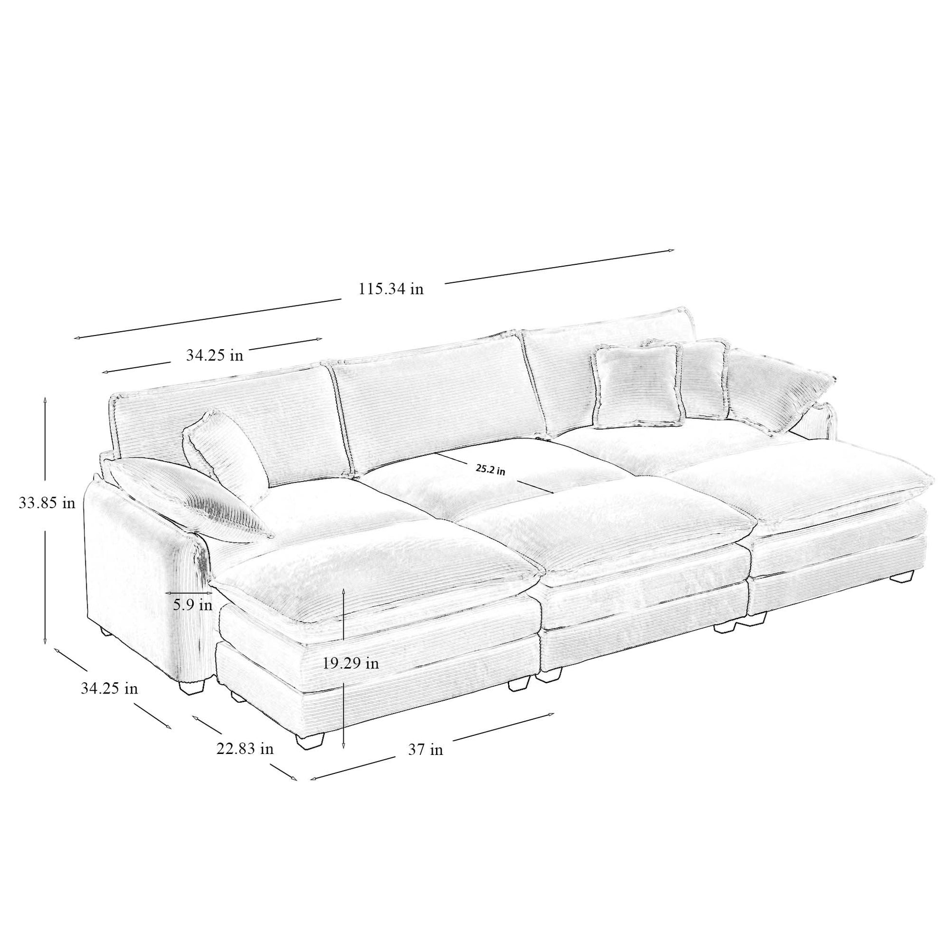 Oversized Modular Cushioned Sofa,With 3 Ottomans To Work As Sleeper Sofa Beds, 3 Seater Sofa With 3 Footstools,Grey Corduroy Fabric Grey Corduroy 3 Seat