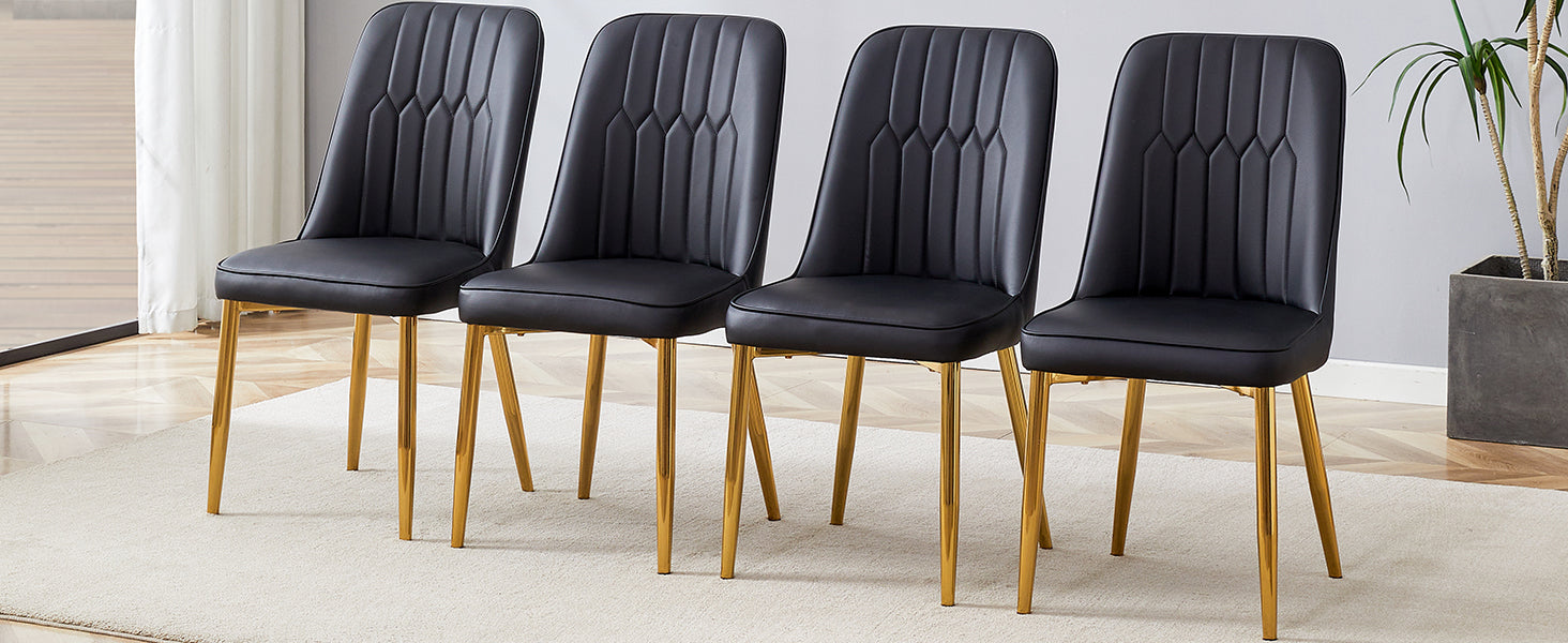 4 Modern Dining Chairs, Sleek Pu Leather Backrest, And Gold Metal Legs Bring A Comfortable Home Experience To The Kitchen, Bedroom, And Office. Black Pu