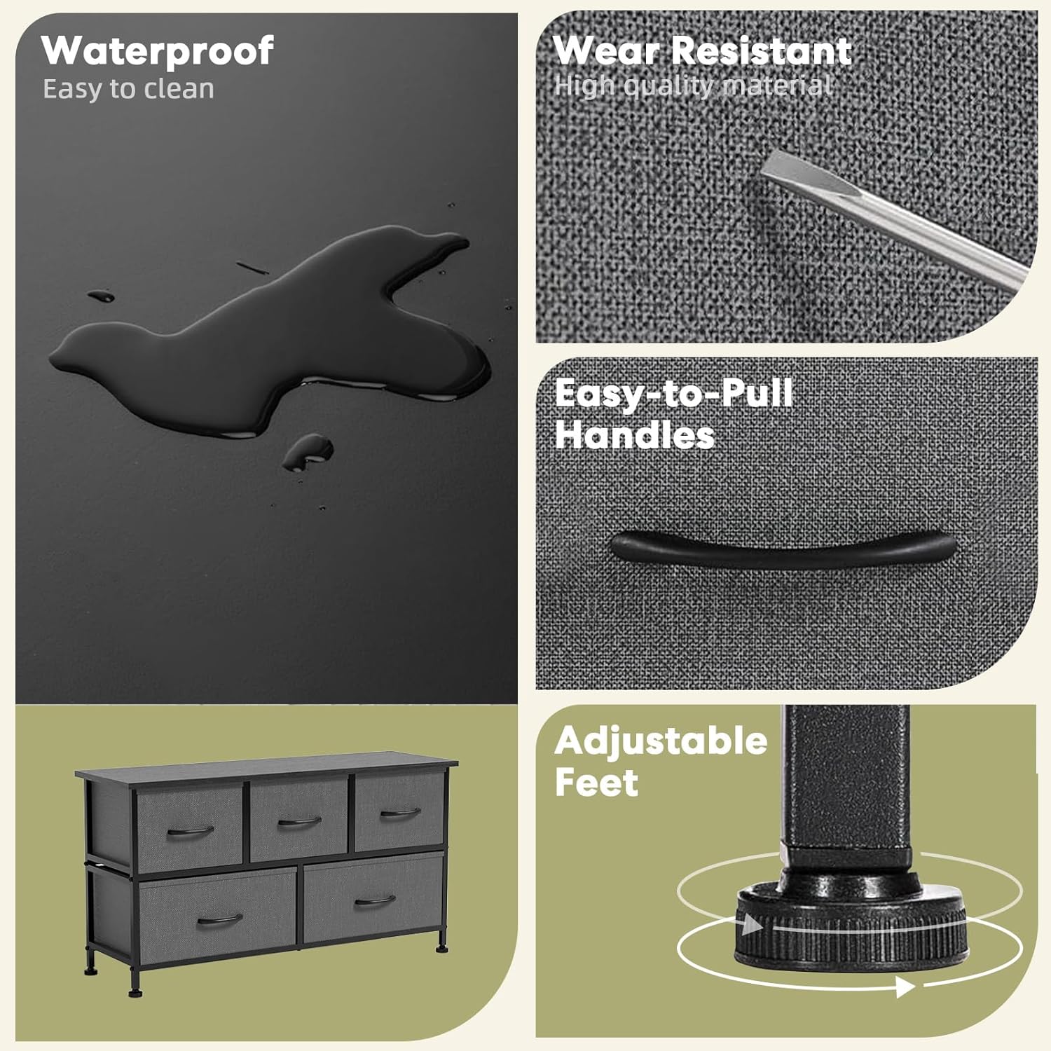 Simple Deluxe 5 Drawers Dresser For Bedroom, Kidsroom Furniture, Wide Chest Of Drawers, Storage Organizer Units With Fabric Bins For Closet, Metal Frame, Waterproof Wood Top, Adjustable Feet, Gray