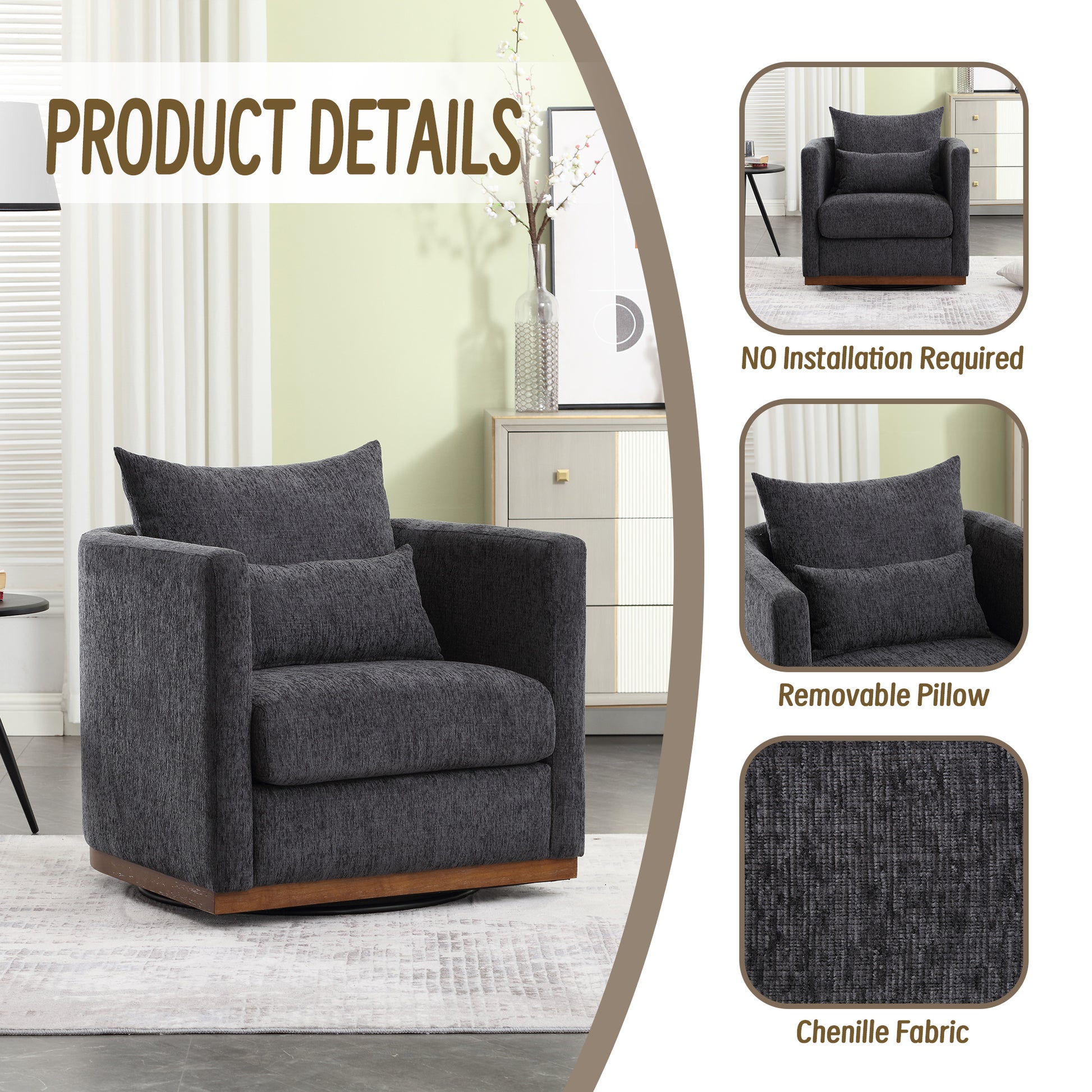 Coolmore Swivel Barrel Chair, Comfy Round Accent Sofa Chair For Living Room, 360 Degree Swivel Barrel Club Chair, Leisure Arm Chair For Nursery, Hotel, Bedroom, Office, Lounge Carbon Black Chenille Carbon Black Primary Living Space Foam Chenille