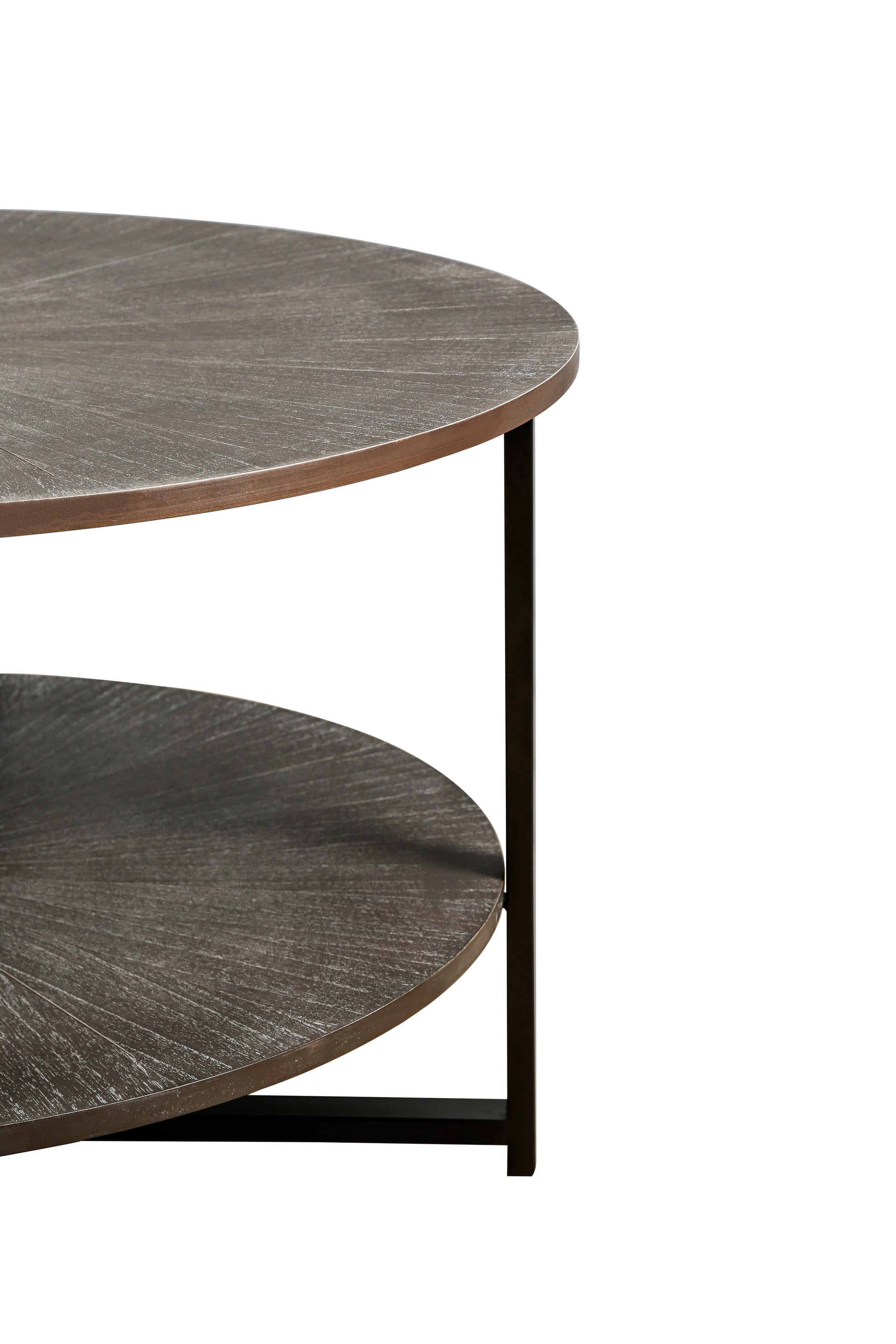 31.5"D X 31.5''W X 18.3''H Round Coffee Table With 2 Tier Storage, Farmhouse Living Room Cocktail Table With Black Metal Leg,Patchwork Desktop Effect Easy Assembly Antique Brown Antique Brown Brown Primary Living Space Antique Floor Mount Round Open