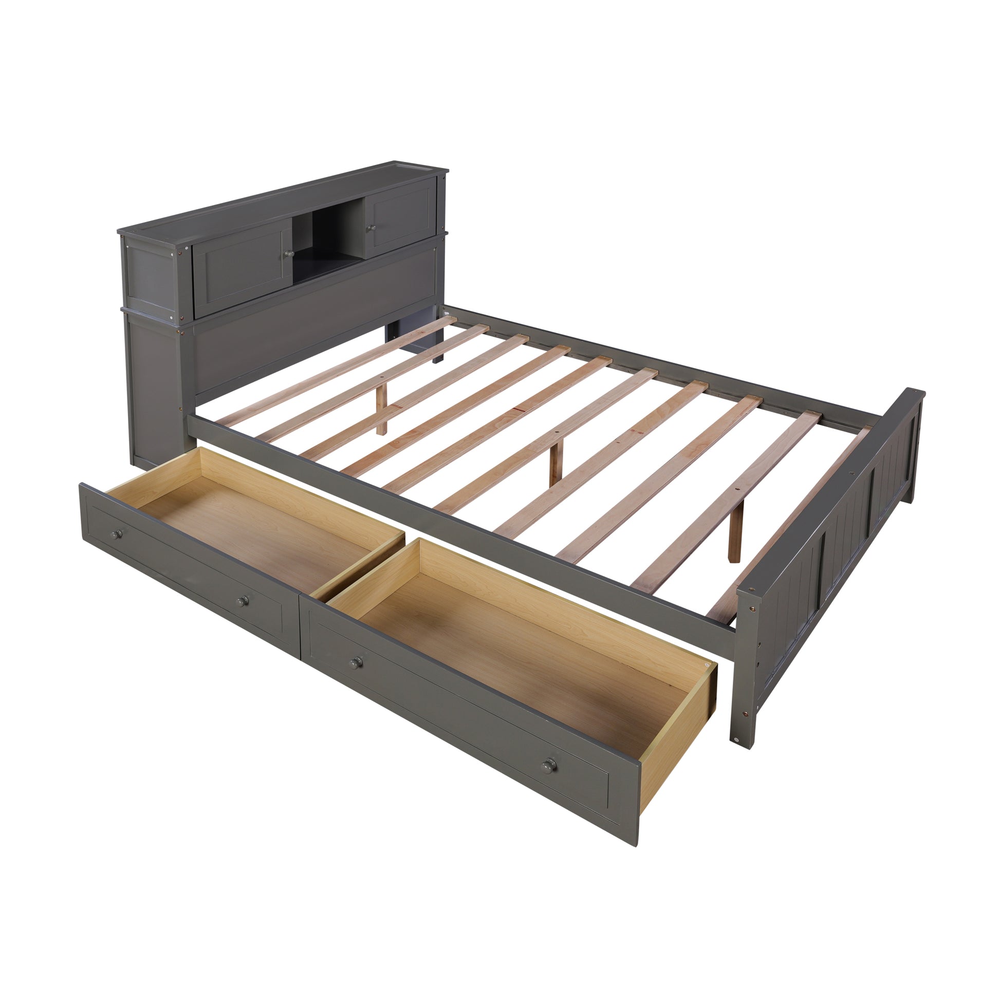 Full Size Platform Bed With Storage Headboard And Sliding Door,2 Drawers, Gray Full Gray Solid Wood Mdf