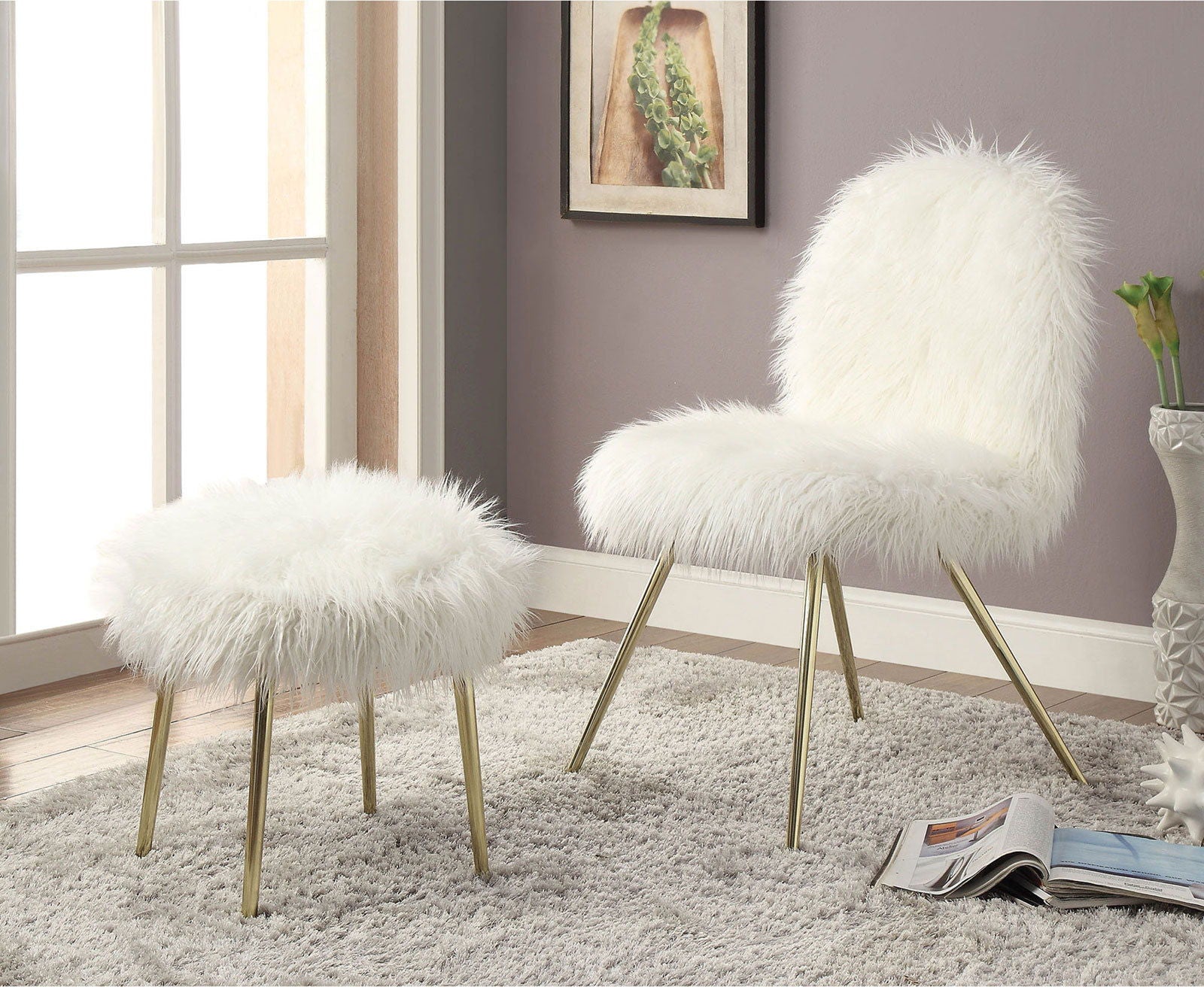 Contemporary Glam White Gold Fabric Faux Fur 1Pc Accent Chair Upholstery Living Room Chair White Gold Primary Living Space Classic,Contemporary Solid Wood