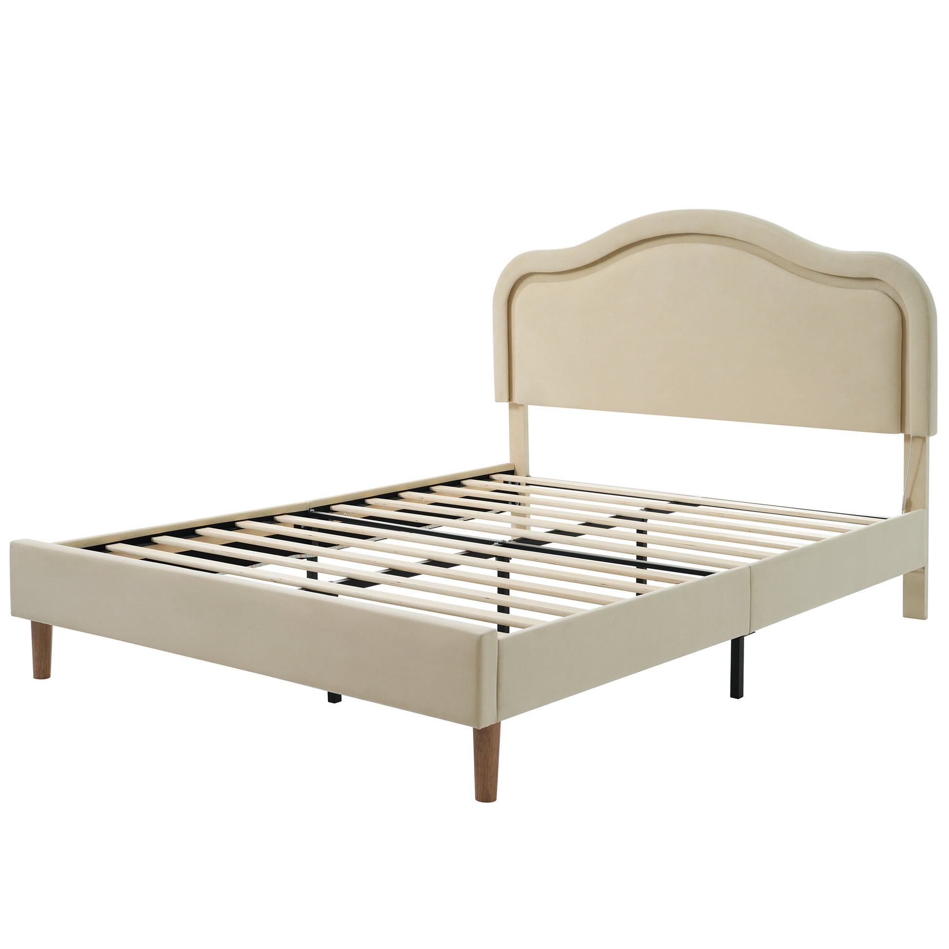 Full Size Velvet Upholstered Smart Led Bed Frame With Adjustable Height Headboard,No Box Spring Needed,Easy Assembly,Beige Box Spring Not Required Full Beige Wood Bedroom Cute,Modern Bed Frame Wood