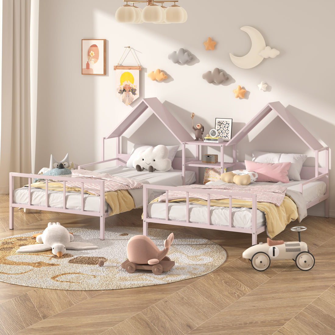 Metal Double Twin Size Platform Bed With House Shaped Headboard And A Built In Nightstand, Pink Box Spring Not Required Twin Pink Metal Metal