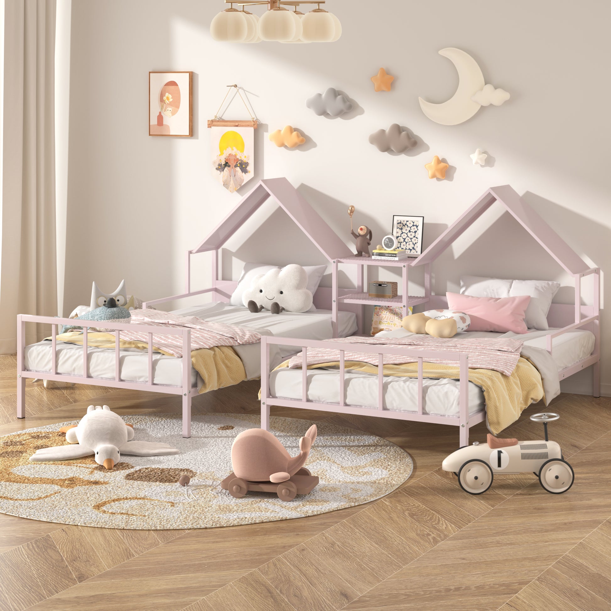 Metal Double Twin Size Platform Bed With House Shaped Headboard And A Built In Nightstand, Pink Box Spring Not Required Twin Pink Metal Metal