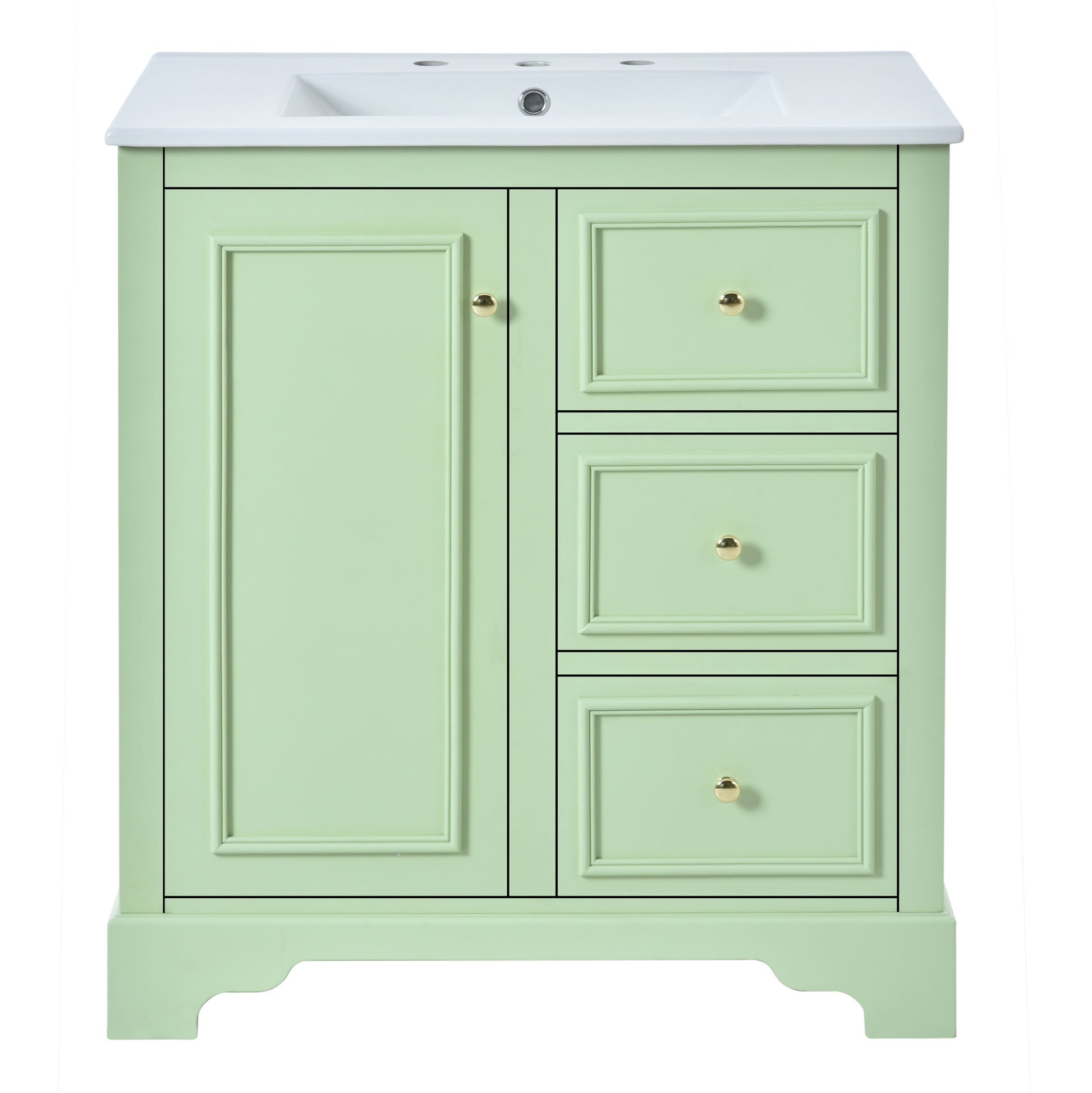 30 Inch Bathroom Vanity Cabinet With Ceramic Basin, 3 Drawers And Adjustable Shelves Green Bathroom Solid Wood Mdf