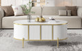 Modern Luxury Oval Shaped Fluted Coffee Table, Marble Patterned Top Coffee Table With 2 Cabinets, Metal Legs And Handles For Living Room, White Date Of Expected Arrival: 11.20 White Mdf