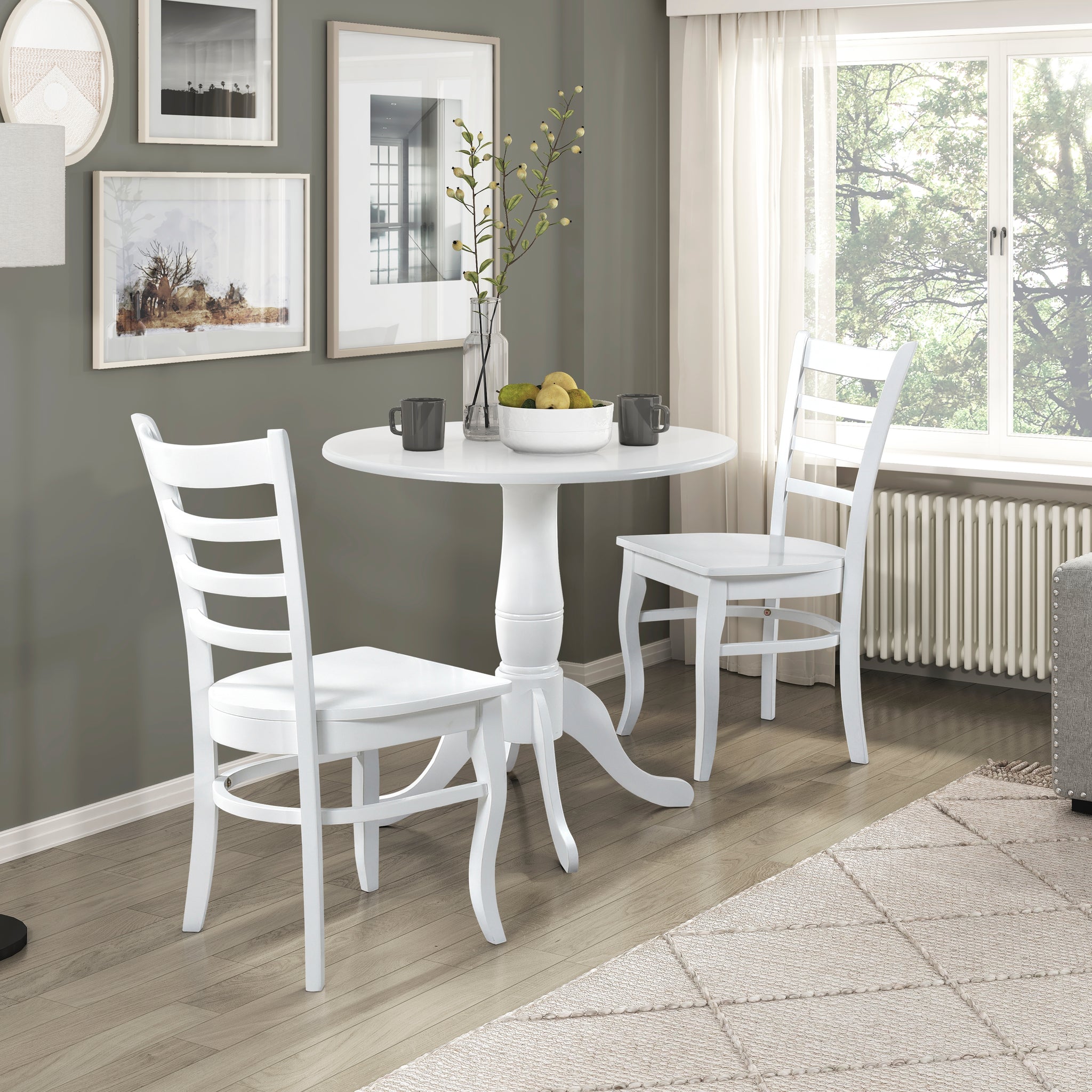 White Finish 3Pc Set Round Table And Two Chairs Set Wooden Ladder Back