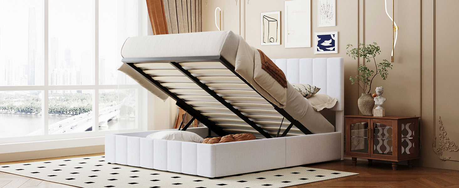 Queen Size Upholstered Platform Bed With A Hydraulic Storage System White Old Sku: Lp000211Aak White Upholstered