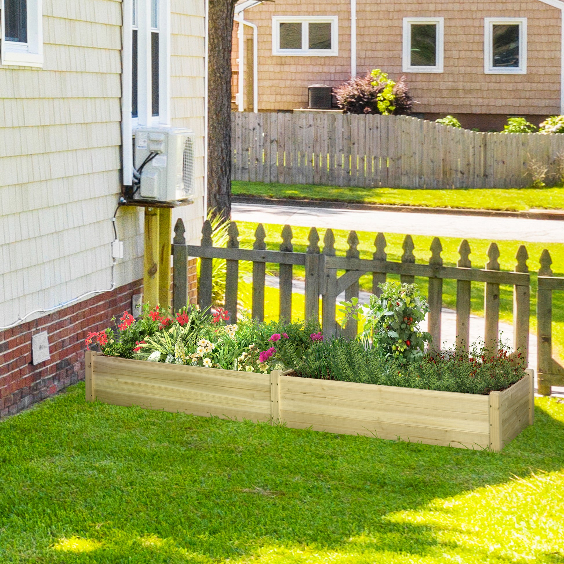 Outsunny 8X2Ft Wooden Raised Garden Bed Kit, Elevated Planter With 2 Boxes, Self Draining Bottom And Liner, Patio To Grow Vegetables, Herbs, And Flowers, Natural Natural Wood Wood