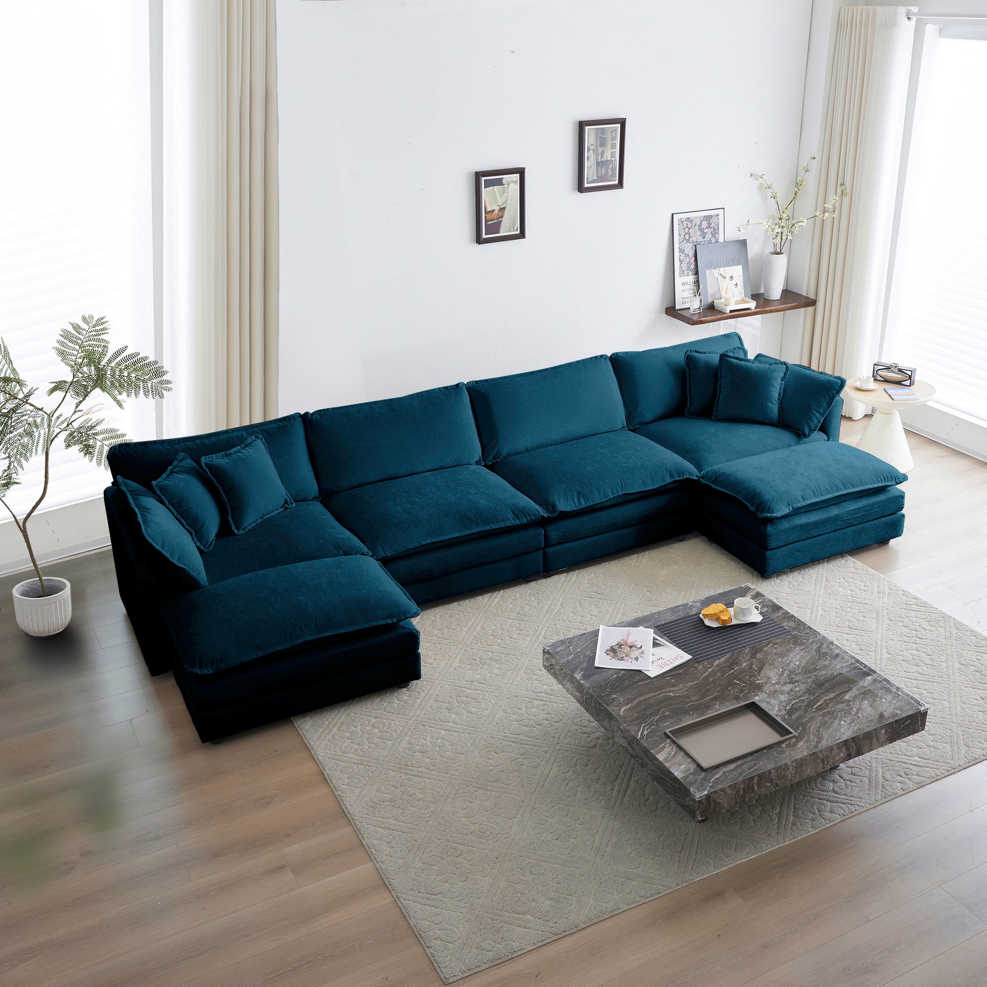 Comfort U Shaped Couch With Reversible Chaise, Modular Large U Shape Sectional Sofa, Double Extra Ottomans,Blue Chenille Blue Chenille 4 Seat