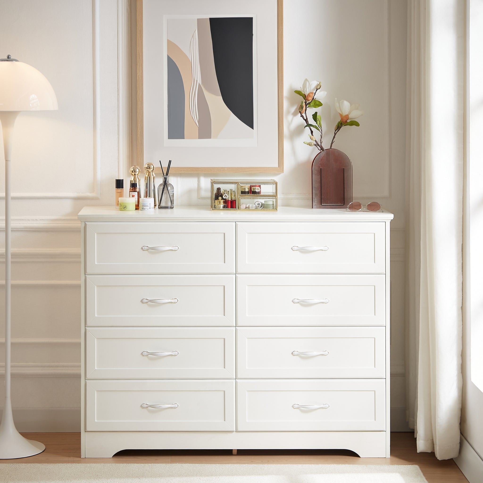 Modern 3 Drawer Bedroom Chest Of Drawers With 8 Drawers Dresser, Clothes Organizer Metal Pulls For Living Room, Bedroom, Hallway, White, 47.6 L X 15.7 W X 36.7 H 5 Or More Drawers White White Drawers Included Particle Board Mdf