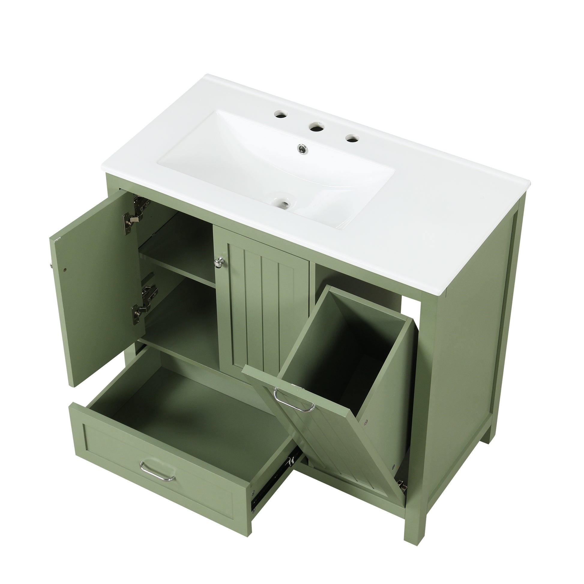 36" Bathroom Vanity With Sink, One Cabinet With Two Doors And One Big Drawer And One Flip Drawer, Solid Wood And Mdf Board, Green Green Solid Wood Mdf