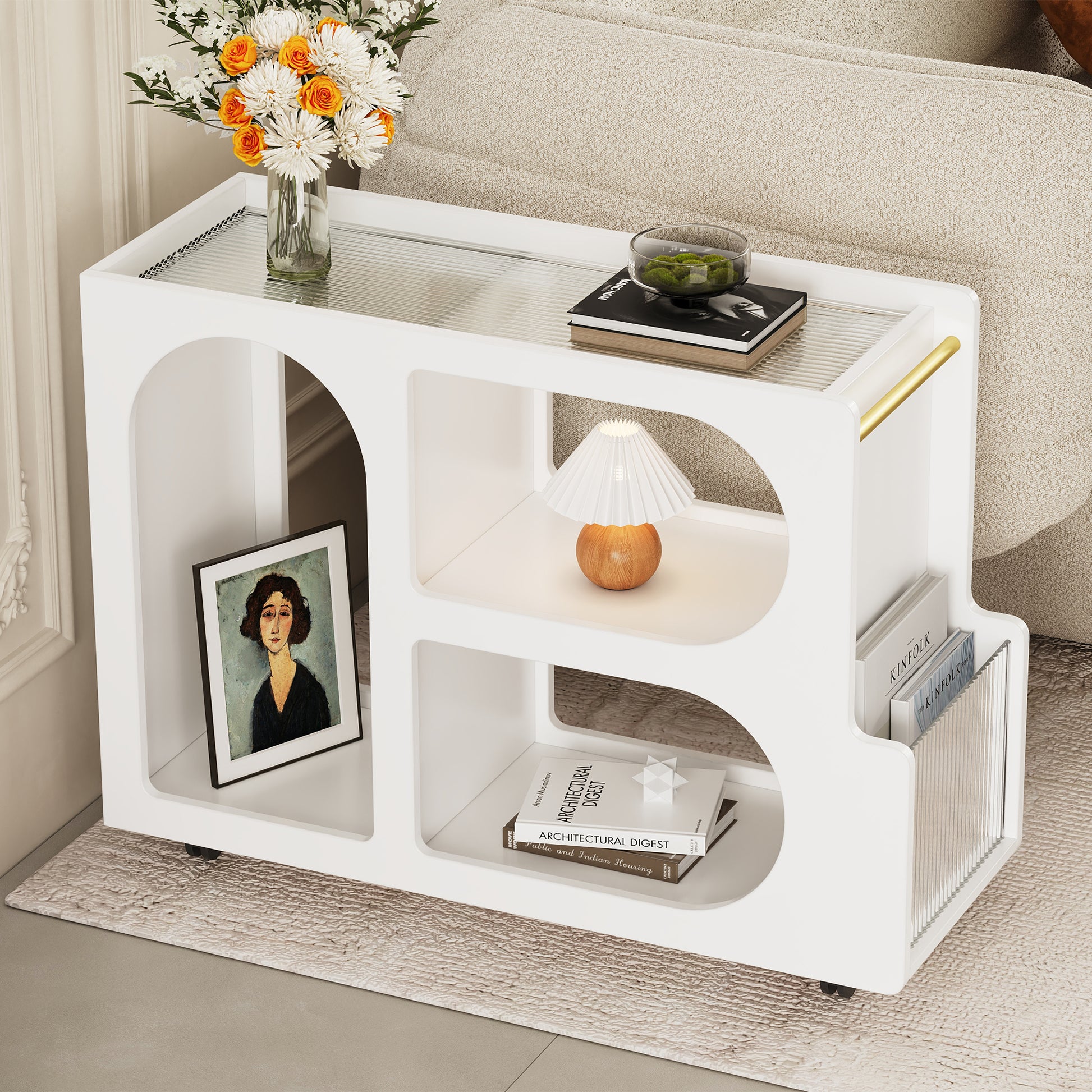Mobile End Table With Lockable Wheels, Narrow Coffee Table With 5Mm Thick Fluted Tempered Glass, Modern Nightstand With Golden Round Rod, Living Room, White, 31.5''W X11.8''D X 23.1''H White Primary Living Space Mdf