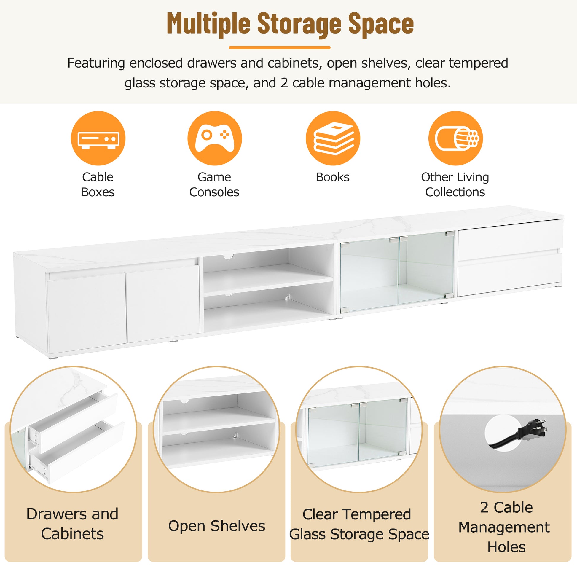 Modern App Controlled Led Tv Stand For Tvs Up To 105'', Faux Marble Tabletop Media Console With Tempered Glass Doors, Entertainment Center With 2 Drawers & Cabinets For Living Room, White White 90 Inches Or Larger Particle Board Mdf