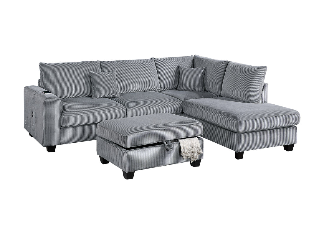 Contemporary 3Pc Sectional Set Fog Color Corduroy Couch Laf Sofa Raf Chaise Ottoman L Sectional Living Room Fog Primary Living Space Cushion Back Contemporary,Modern L Shaped Rubberwood Corduroy 6 Seat