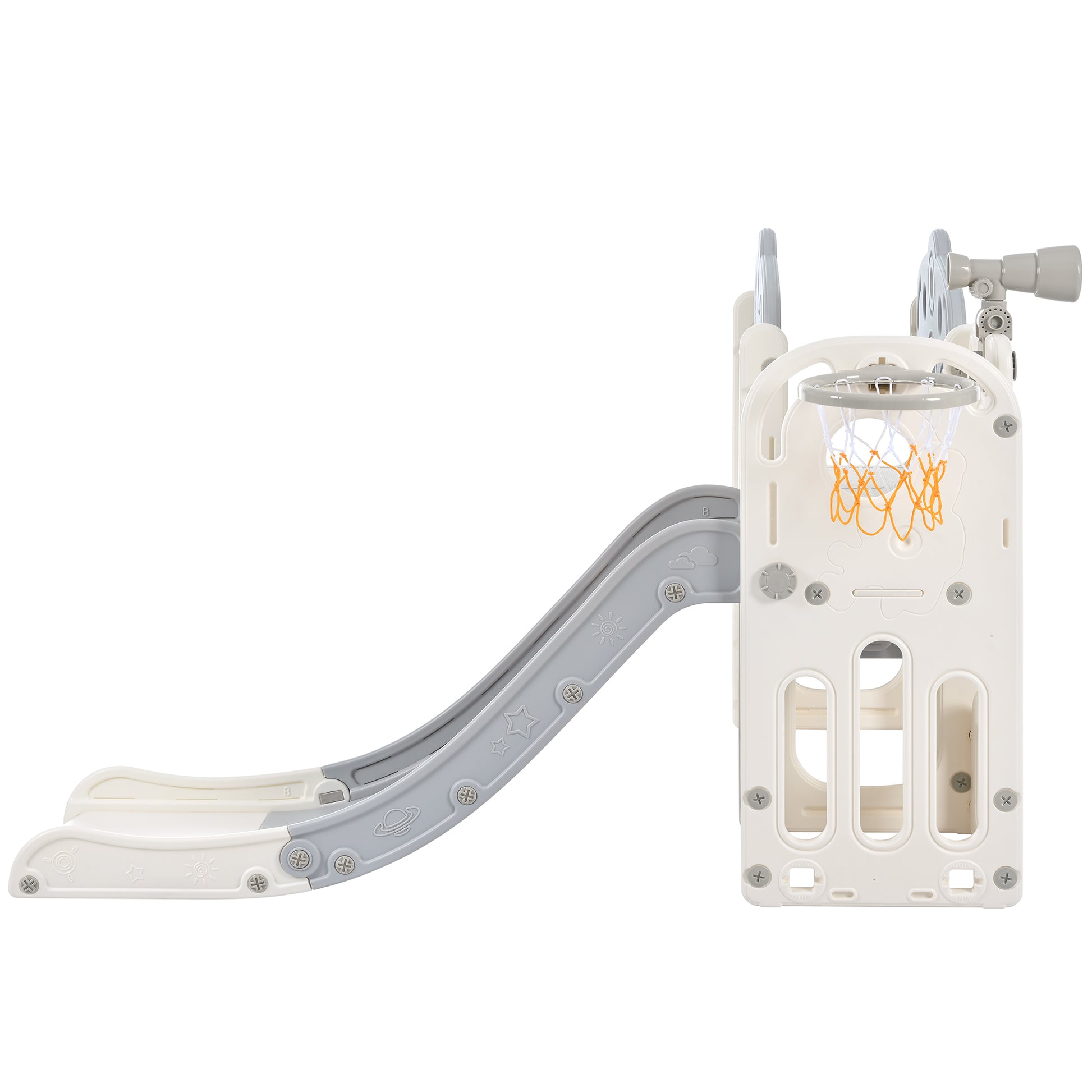 7 In 1 Toddler Slide Set, Freestanding Space Set With Slide, Kids Slide Playset Structure, Arch Tunnel And Basketball Hoop, Toy Storage Organizer For Toddlers, Kids Climbers Playground Grey White 50 99 Lbs Cute 1 To 2 Years Hdpe Indoor & Outdoor Use