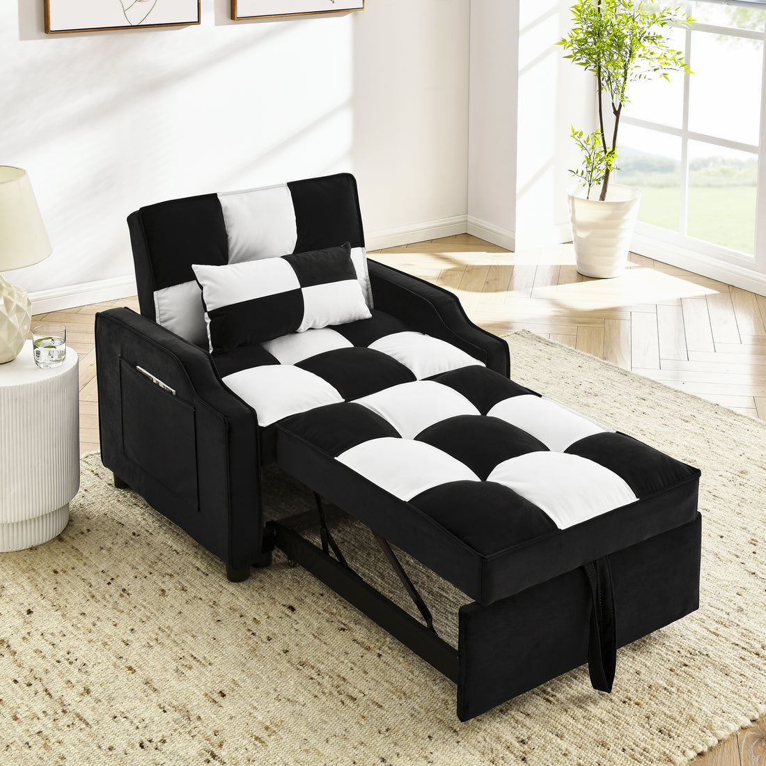 Modern Velvet Armchair Sofa Couch Pull Out Bed,3 In One Convertible For Living Room Sofa Bed,Black White Black White Velvet Primary Living Space Cushion Back Medium Soft Medium Duty American Design Pillow Top Arms Foam Velvet 1 Seat
