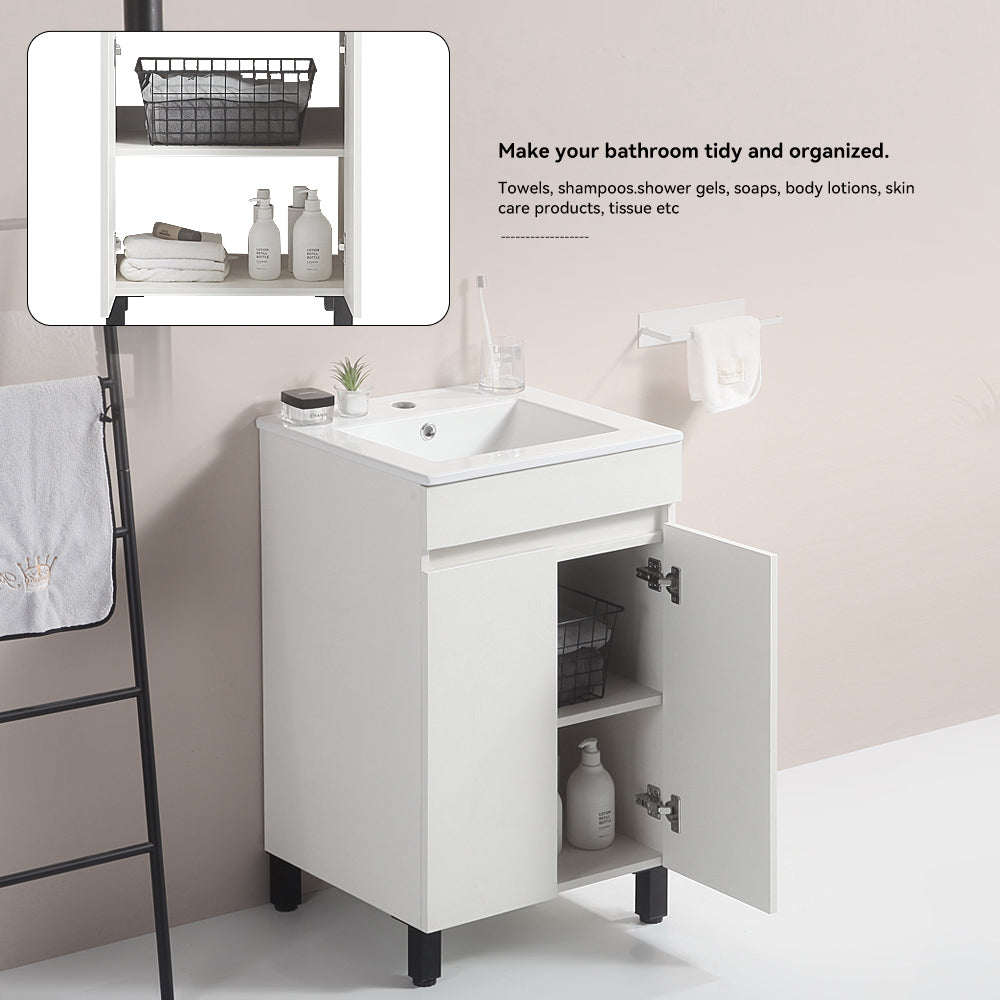 20 "White Bathroom Cabinet Black Tripod With Ceramic Sink White Solid Wood