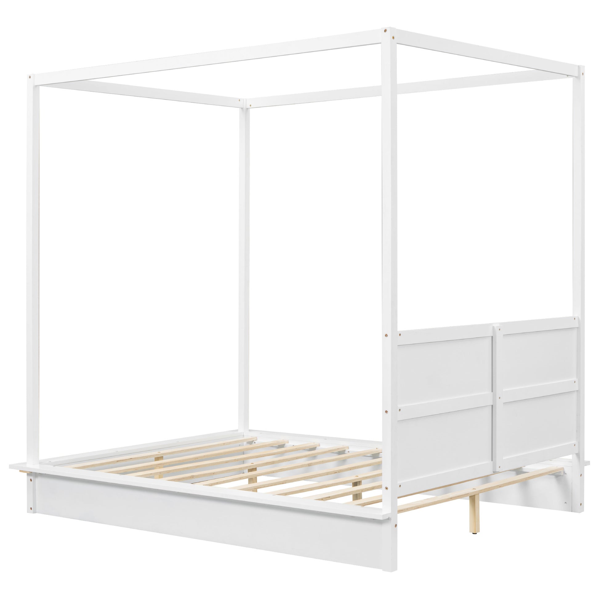 Full Size Wood Led Canopy Bed ,Canopy Platform Bed With Support Slats, No Box Spring Needed, White Full White Plywood