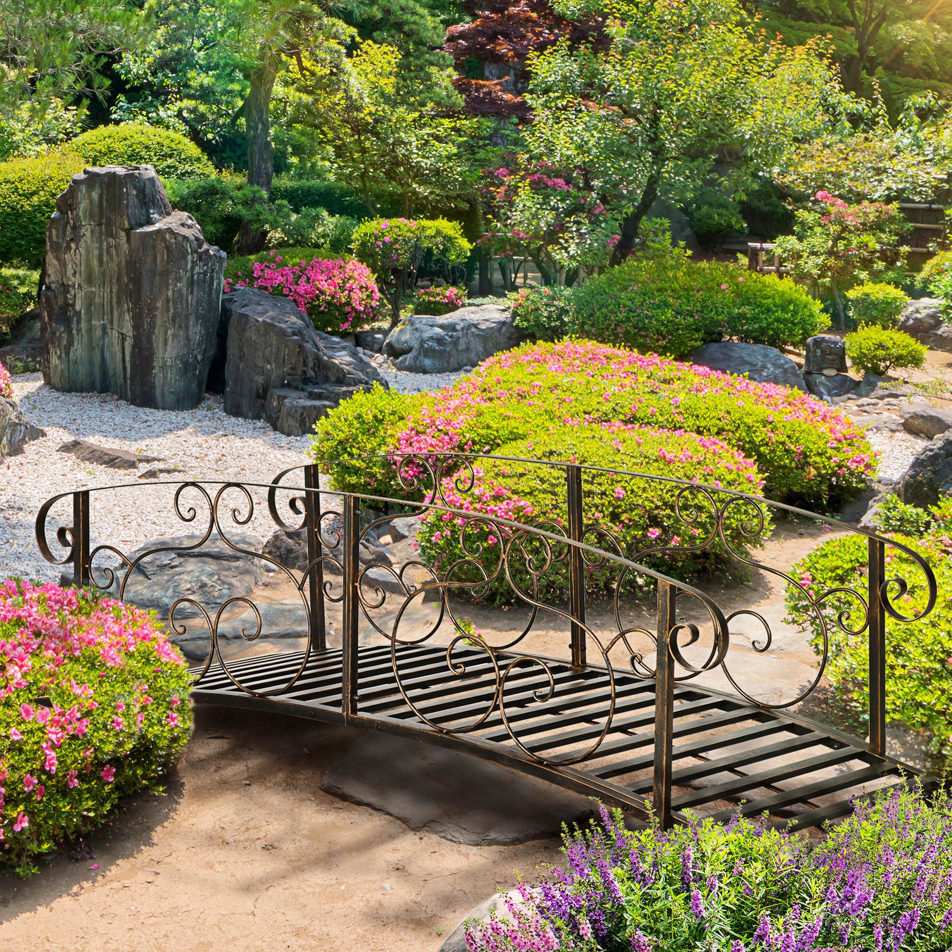 Outsunny 6' Metal Arch Backyard Garden Bridge, Safety Siderails, Arc Footbridge For Backyard Creek, Stream, Pond, Bronze Bronze Steel