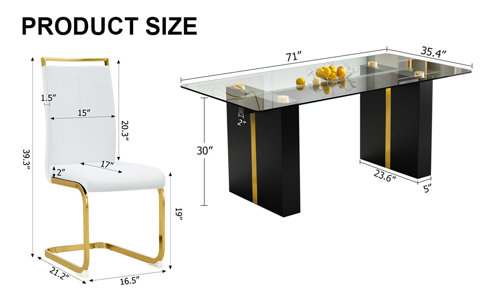 Table And Chair Set, Large Modern Minimalist Rectangular Glass Table, Can Accommodate 6 8 People, Equipped With Tempered Glass Tabletop And Large Mdf Table Legs, Comfortable And Minimalist Chairs. Transparent Mdf Glass