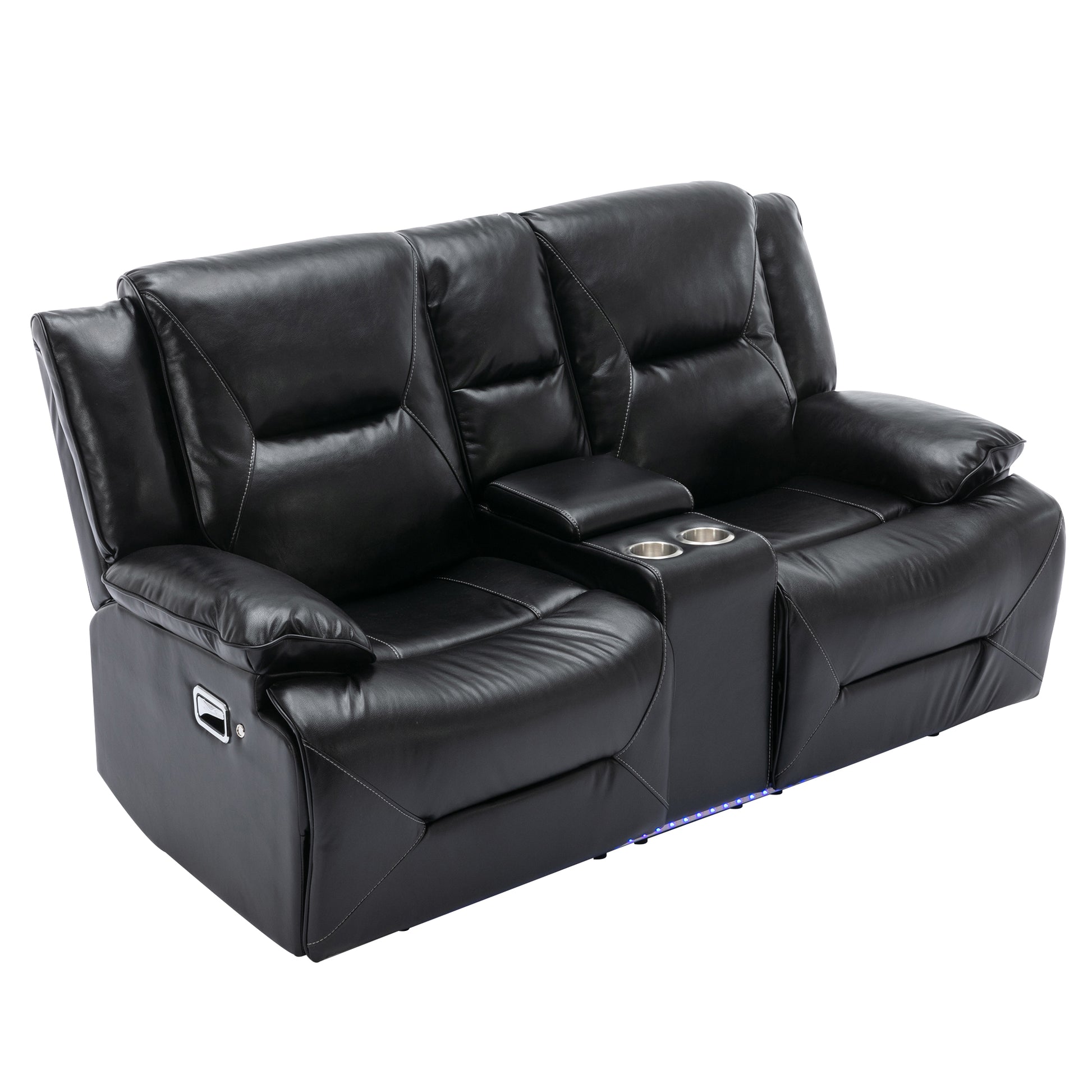 2 Seater Home Theater Recliner Manual Recliner Chair With A Led Light Strip Two Cup Holders And A Storage Box For Living Room,Bedroom, Black Black Foam Pu