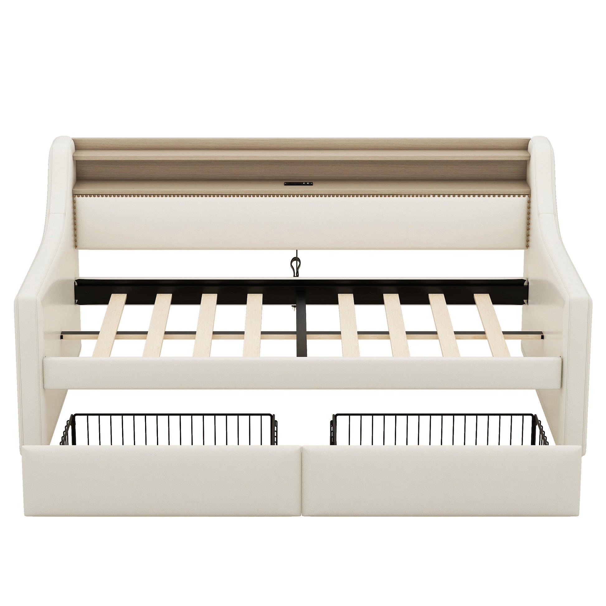 Twin Size Daybed With Storage Drawers, Upholstered Daybed With Charging Station And Led Lights, Beige Expect Arrive Date: Jun.,20Th. Twin Beige Pu Leather