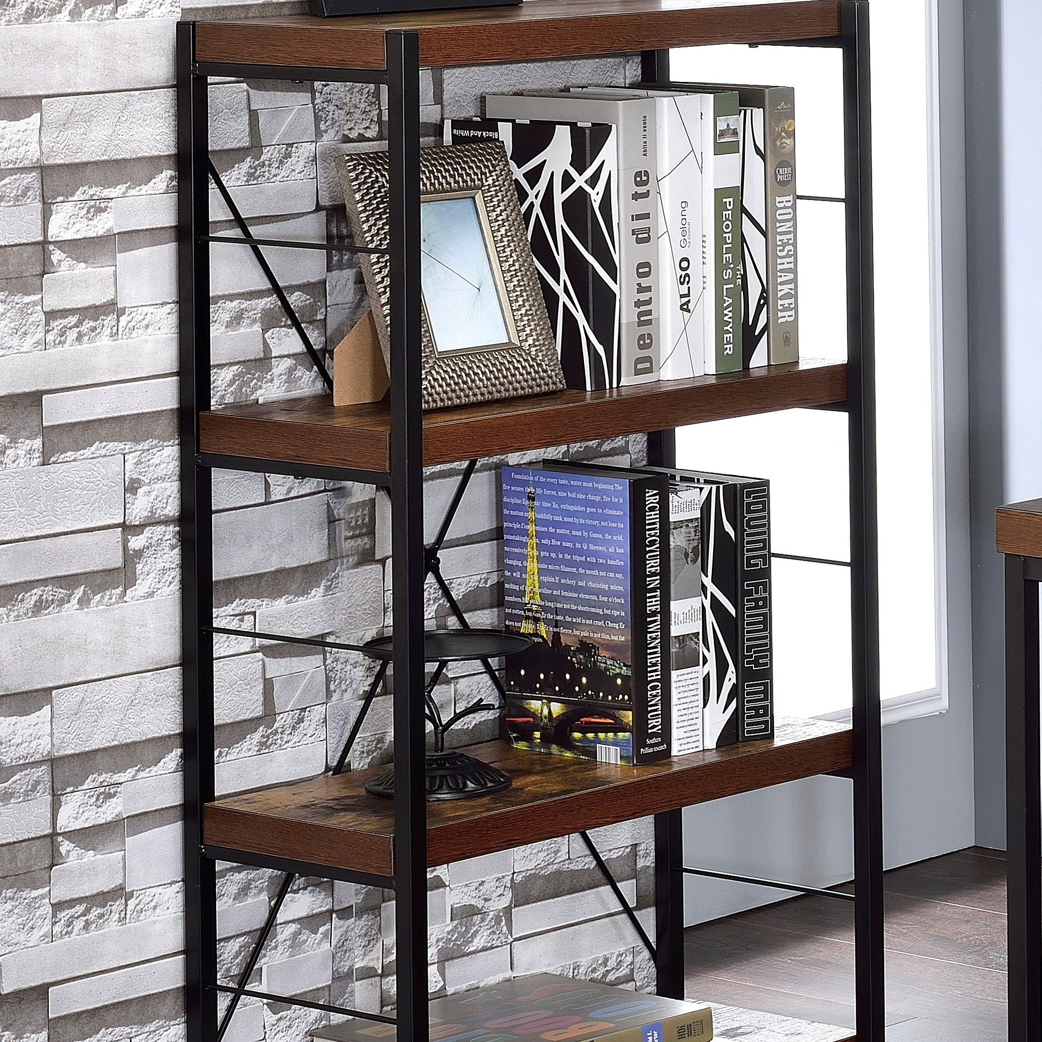 Weathered Oak And Black 3 Shelf Bookcase 4 Black Brown Horizontal Primary Living Space Open Back Wood Metal