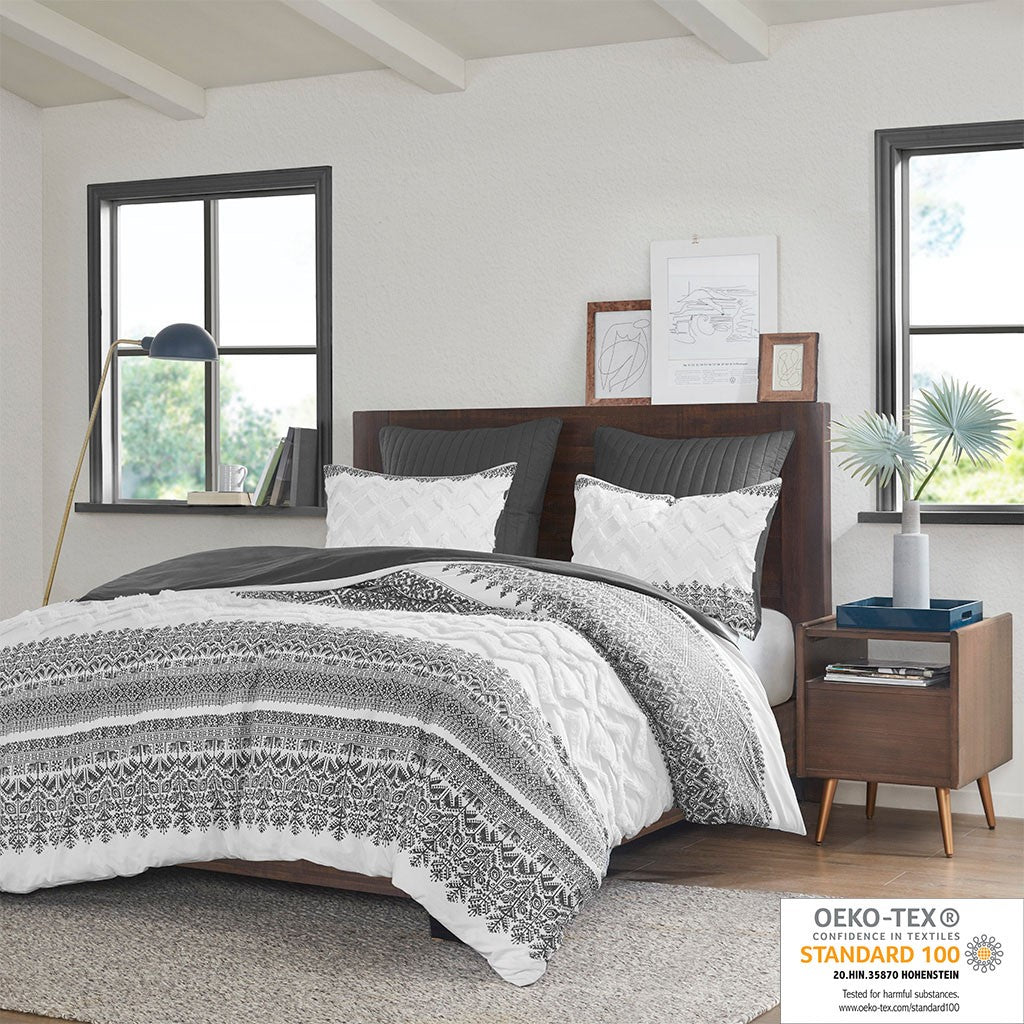 3 Piece Cotton Comforter Set With Chenille Tufting Gray Full Queen Queen Gray Cotton