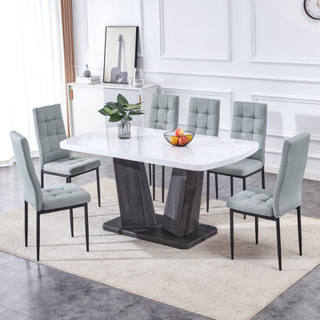 Modern Dining Table Set For 6, 7 Piece Dining Set, 63" Rectangle Kitchen Table With 6 Upholstered Chairs, 1.8" Thickness Tabletop And V Shaped Table Legs, White Faux Marble Dining Set For Kitchen Room Metal White Gray Dining Room Modern Rectangular Mdf