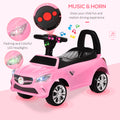 Aosom Kids Ride On Push Car, Foot To Floor Walking Sliding Toy Car For Toddler With Working Horn, Music, Headlights And Storage, Pink Pink Metal
