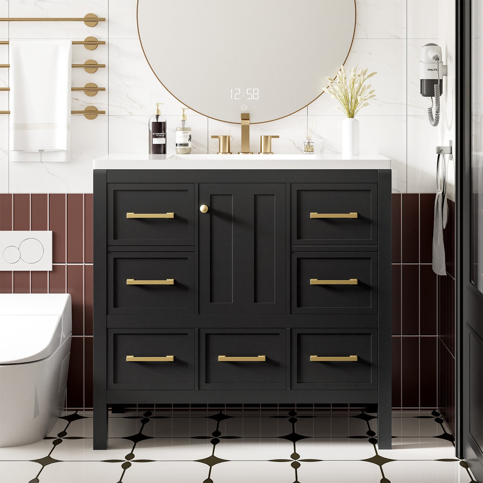 36'' Bathroom Vanity With Resin Sink Combo, Solid Wood Frame Bathroom Storage Cabinet, Freestanding Vanity Set With 5 Drawers& Soft Closing Doors Same As N710S136002B Black Bathroom Solid Wood Mdf Resin