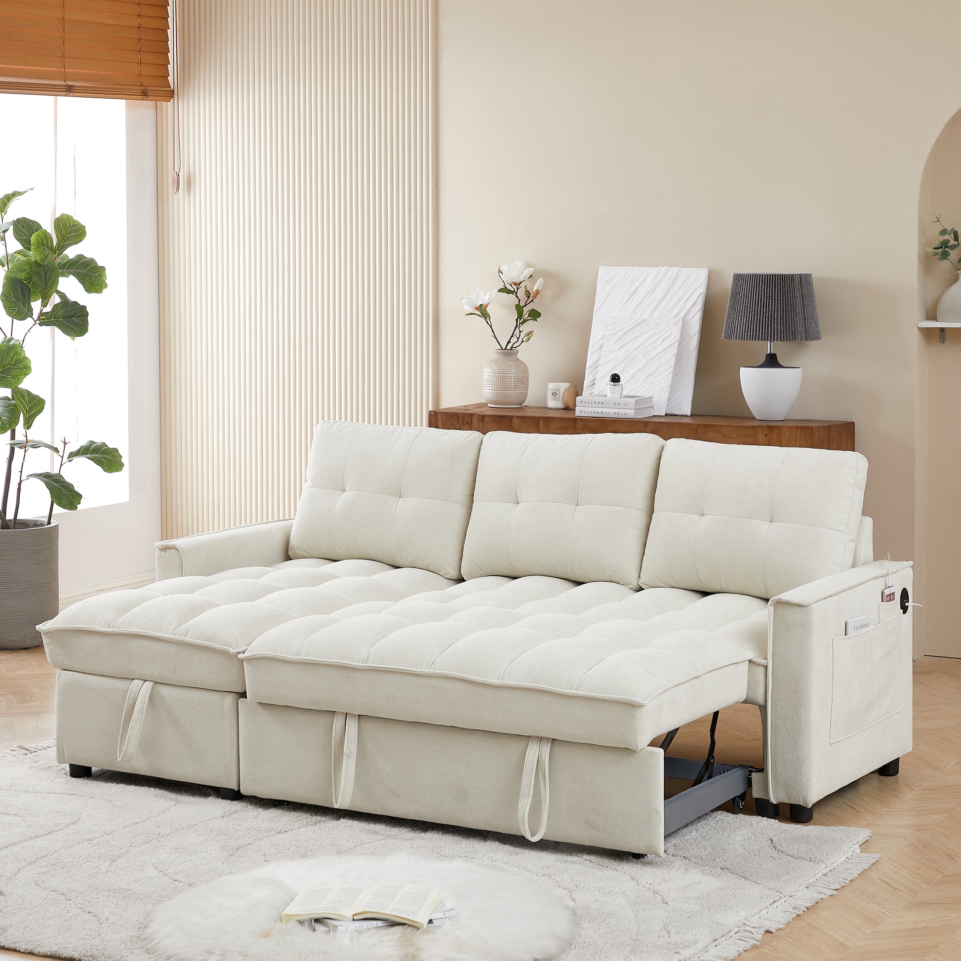 Mh 78.75" Reclining Sofa, Pull Out Sofa Bed With Usb And Tape C Charging Ports, L Shaped Sectional Sofa With Reclining Storage And Arm Side Organizer Pocket Features, Living Room Comfort Sofa Beige